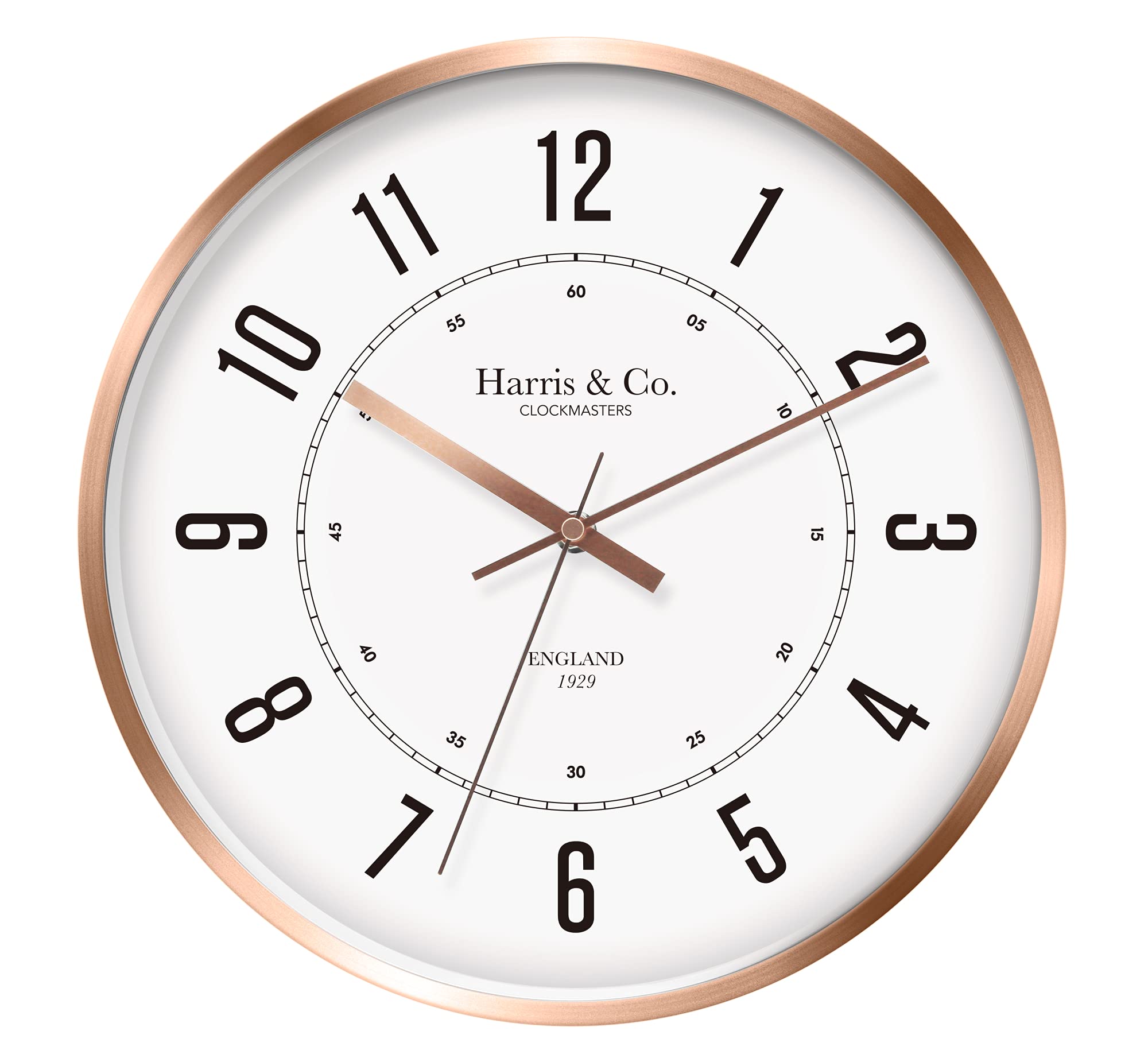 Harris & Co. Clockmasters Silent Sweep Noiseless Technology Wall Clock (12 Inch, Rose Gold Metal Frame, Model - Oxford Street In