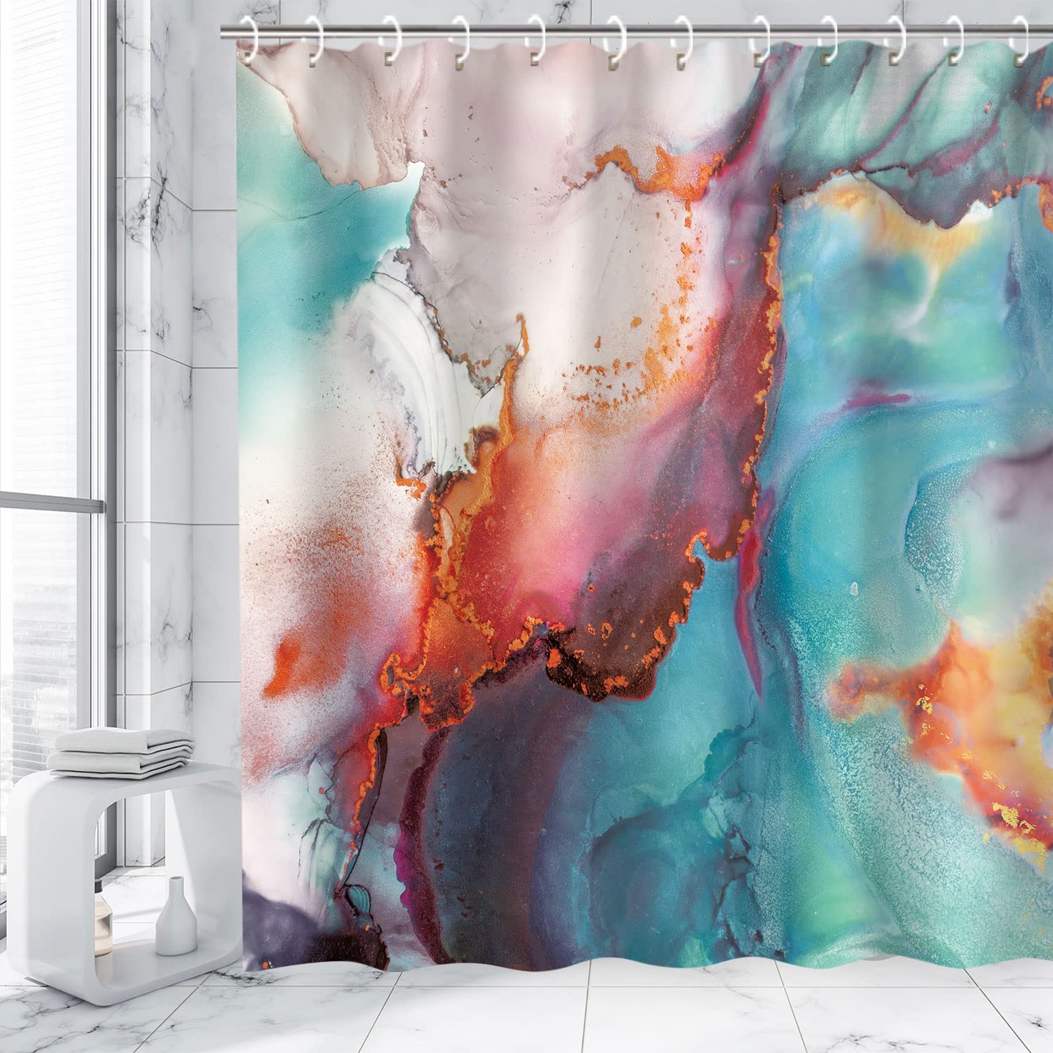 RosieLily?eal?arble?hower Curtain ?range?bstract?athroom?urtain ?ed?lue Watercolor Shower Curtains Set with 12 Hooks ?mbre Marble?athroom Decor  72''x72''