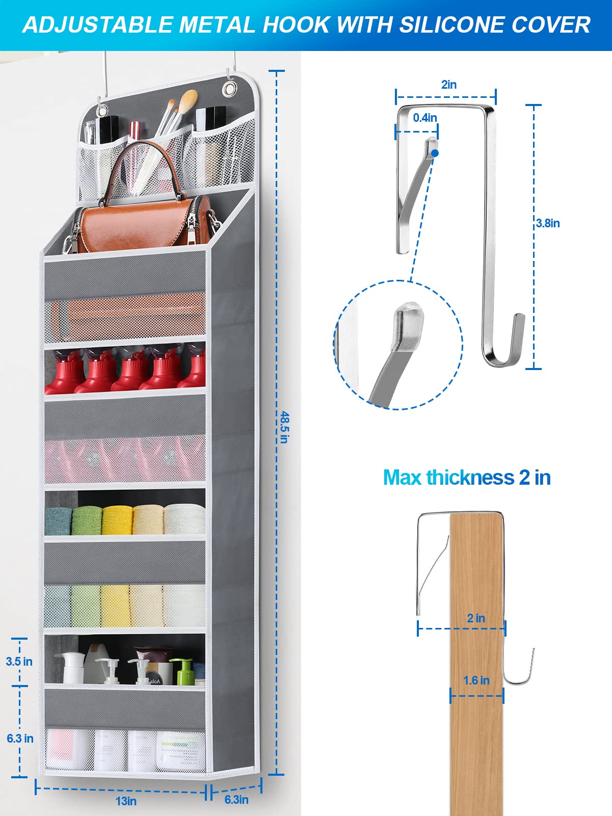 Wakaye 2 Pack 5-Shelf Over The Door Organizer - Hanging Storage Door Organizer With 4 Foldable Big Pocket Storage, Anti Tilt Clo