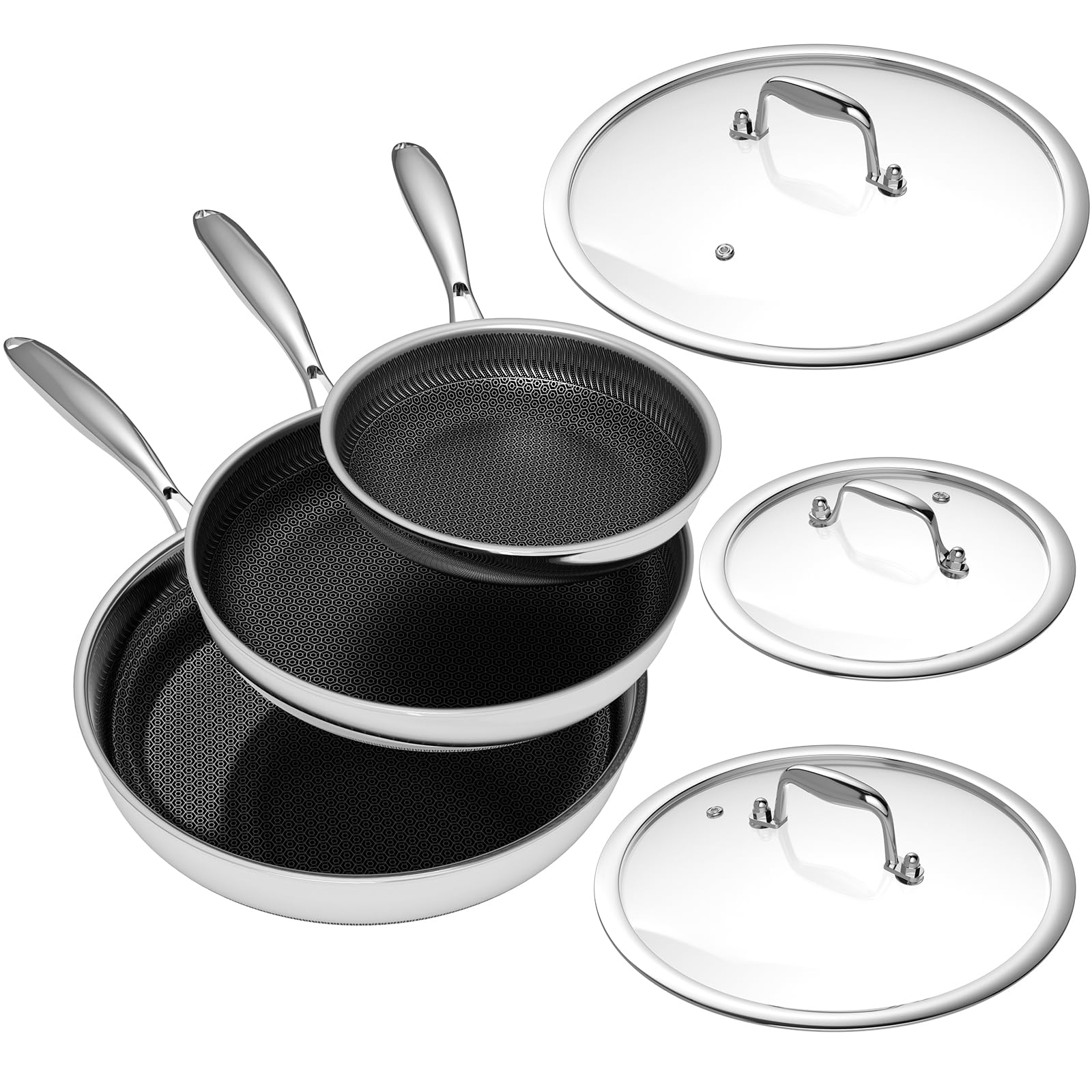 Non Stick Frying Pans Set, 8, 10 and 12inch with Lids, Hybrid Fajita Pans Nonstick for Cooking, Stainless Steel Pan Skillets, D