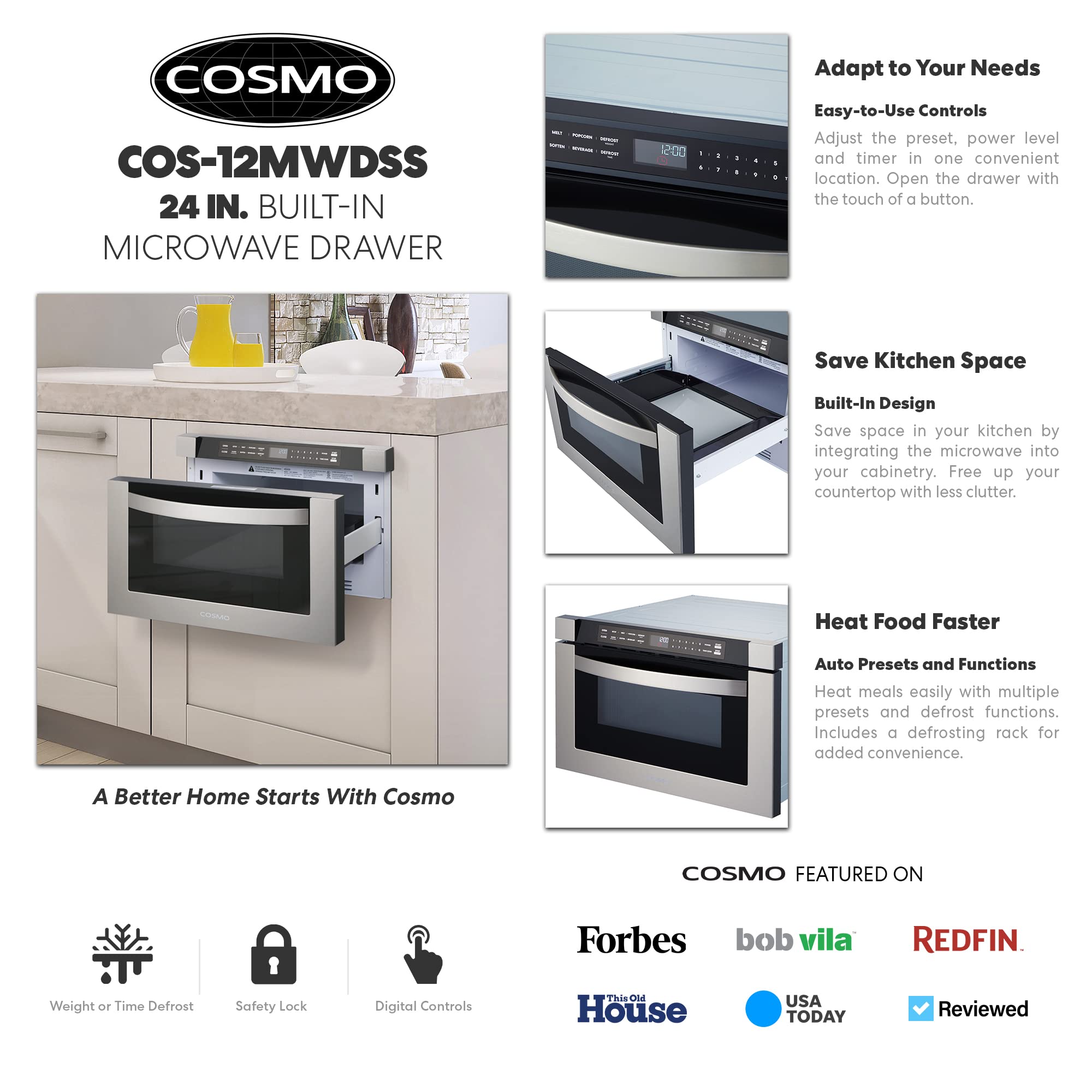 Cosmo Cos-12Mwdss 24 In. Built-In Microwave Drawer With Automatic Presets, Touch Controls, Defrosting Rack And 1.2 Cu. Ft. Capac