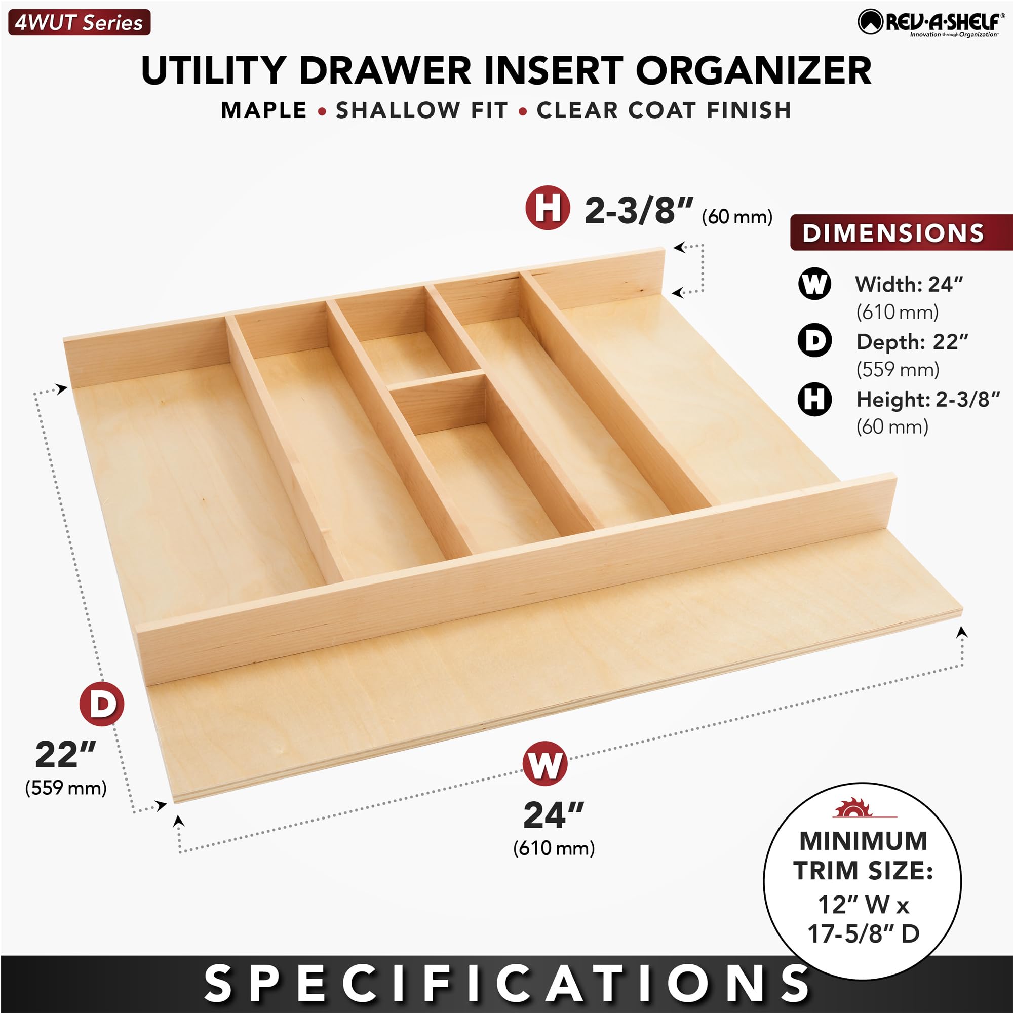 Rev-A-Shelf Trim-To-Fit Shallow Drawer Organizer For Kitchen Utensils, Cutlery Cabinet Storage Divider Insert, 23.98 X 21.97 In,