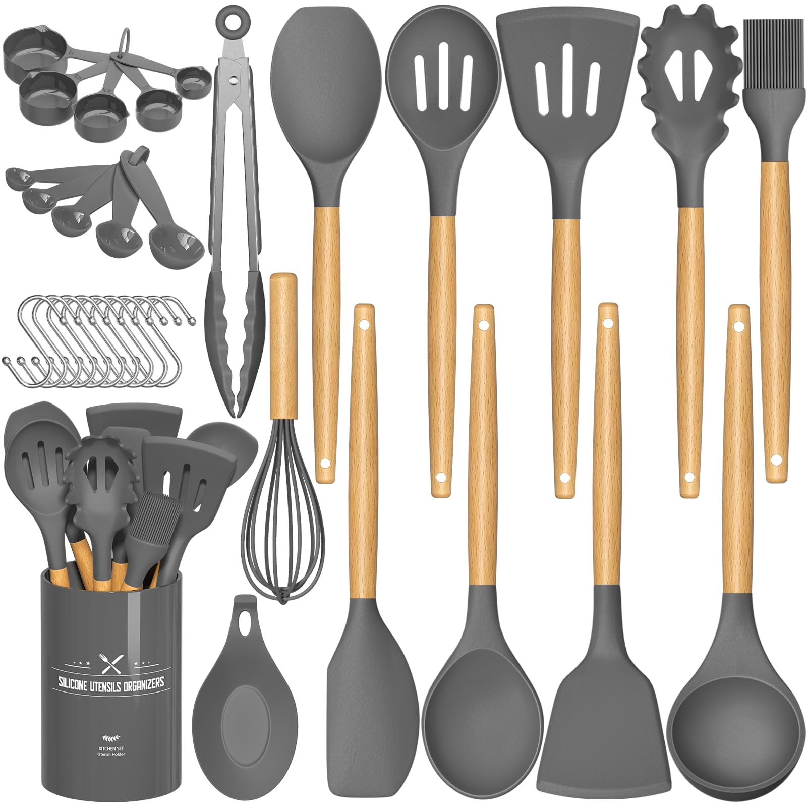 Umite Chef Kitchen Cooking Utensils Set, 33 Pcs Non-Stick Silicone Spatula Set With Holder, Woodle Handle Heat Resistant Gadgets