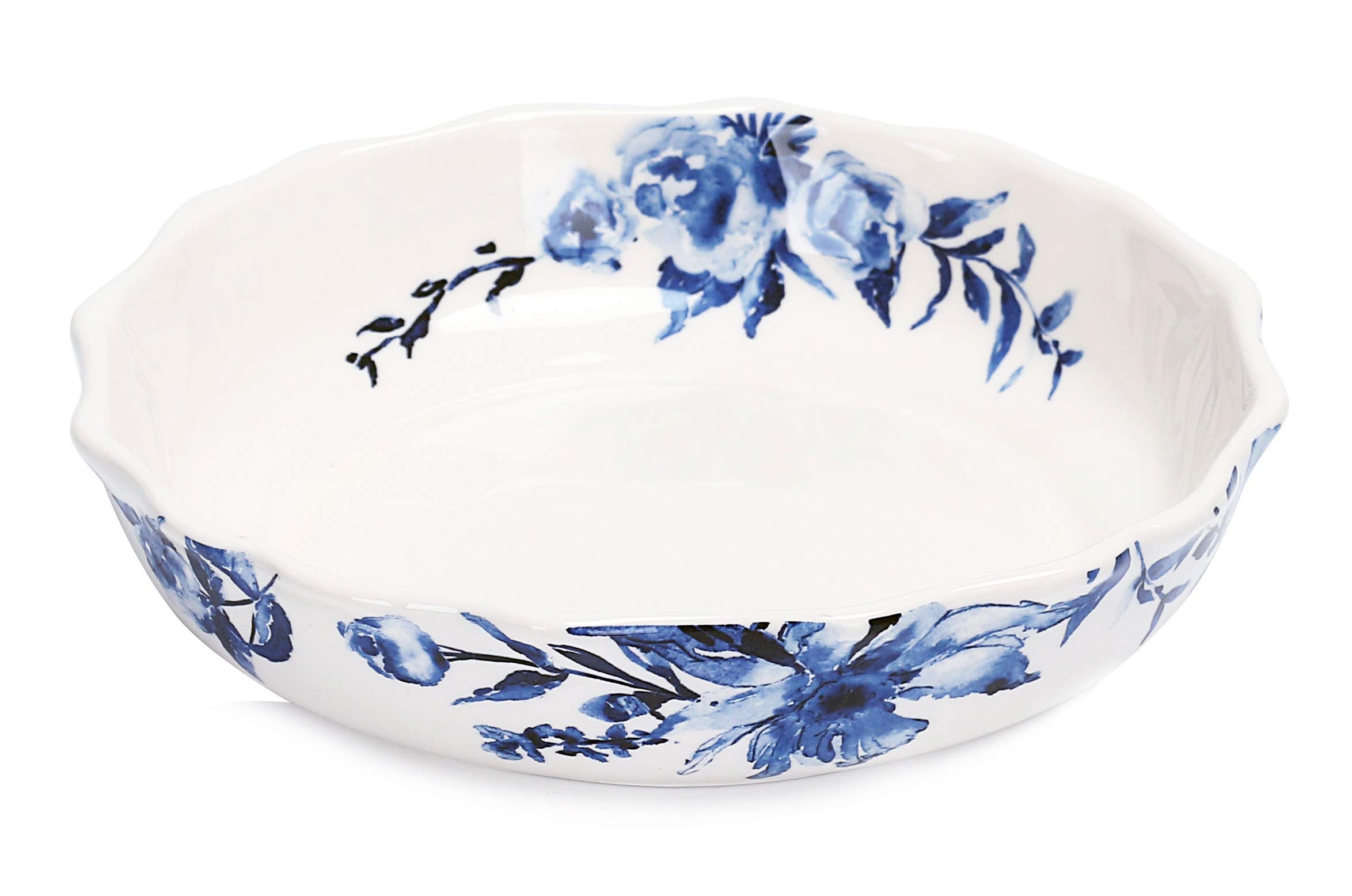 Bico Watercolor Blue Flower Ceramic 32Oz Scalloped Dinner Bowls, Set Of 4, For Pasta, Salad, Cereal, Soup & Microwave & Dishwash