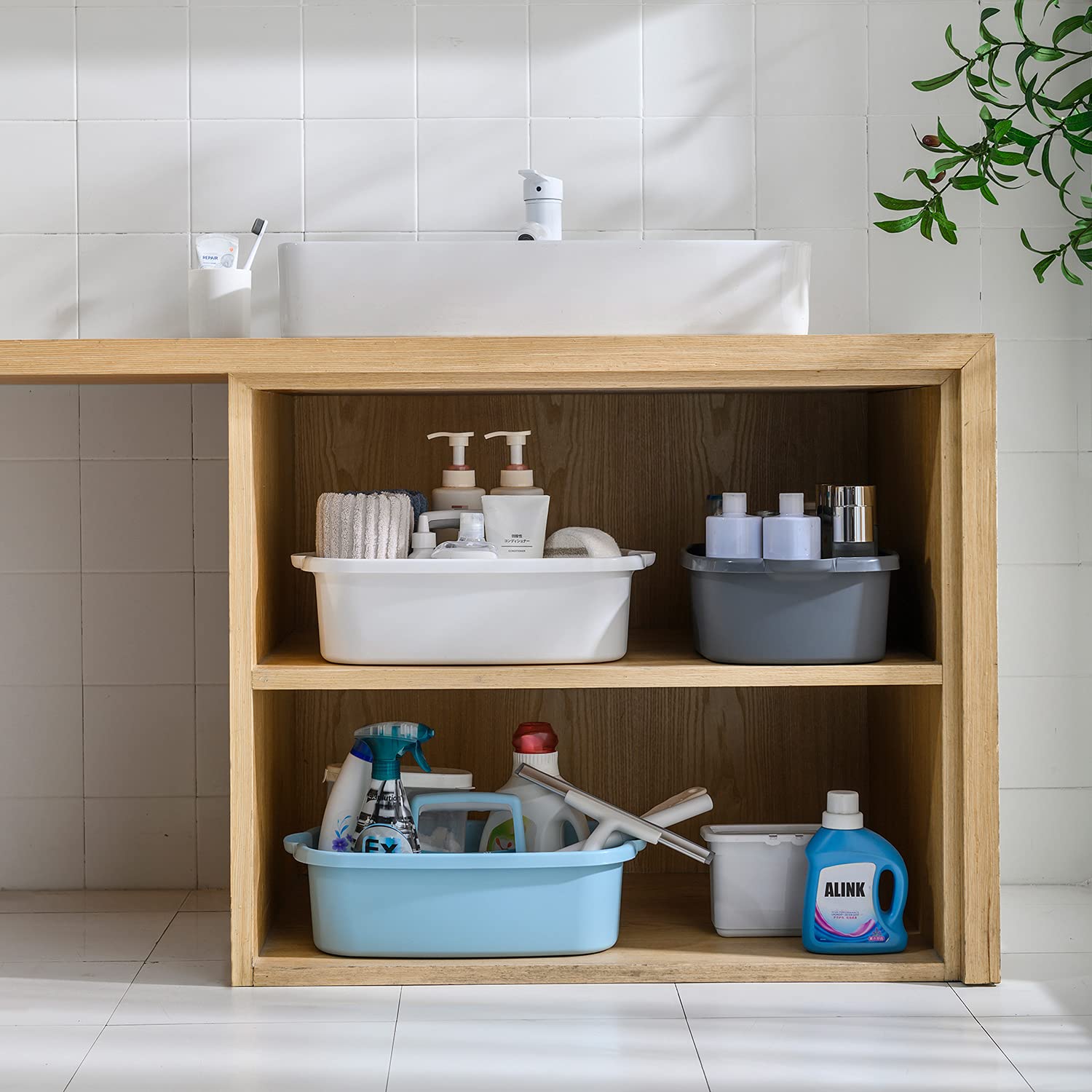 ALINK Large Plastic Shower Caddy Tote  Portable Storage Caddy Basket Organizer with Handle for Dorm  Bathroom  Tool  Garden  Kitchen  Cleaning Supplies - Blue