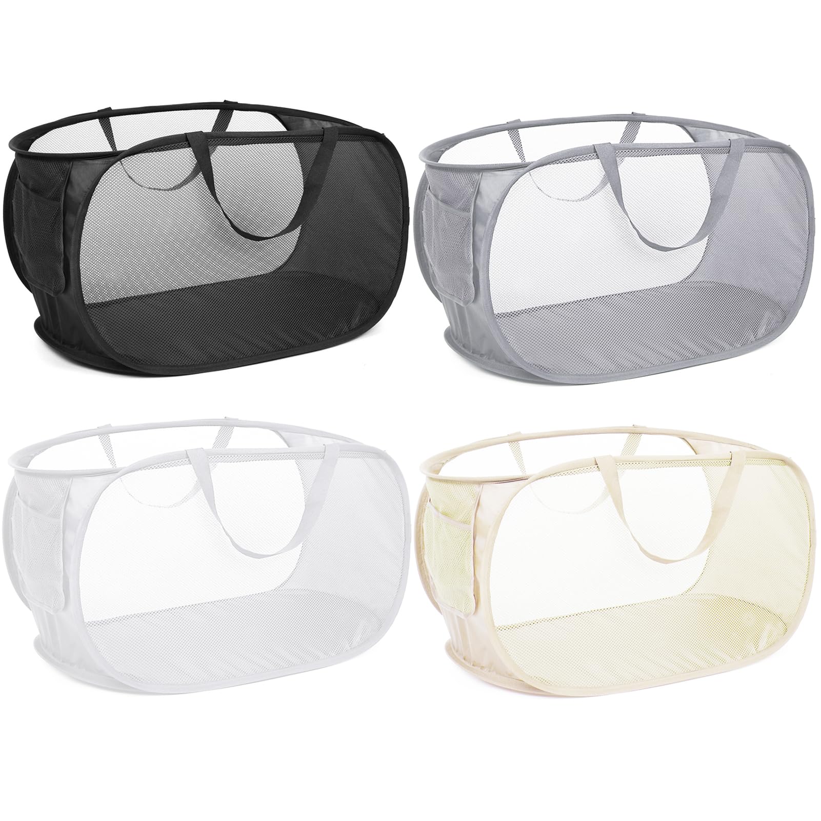 4 Pack Foldable Laundry Basket Hamper, Collapsible Laundry Baskets With Pocket, Mesh Pop Up Laundry Hamper, Clothes Hamper With