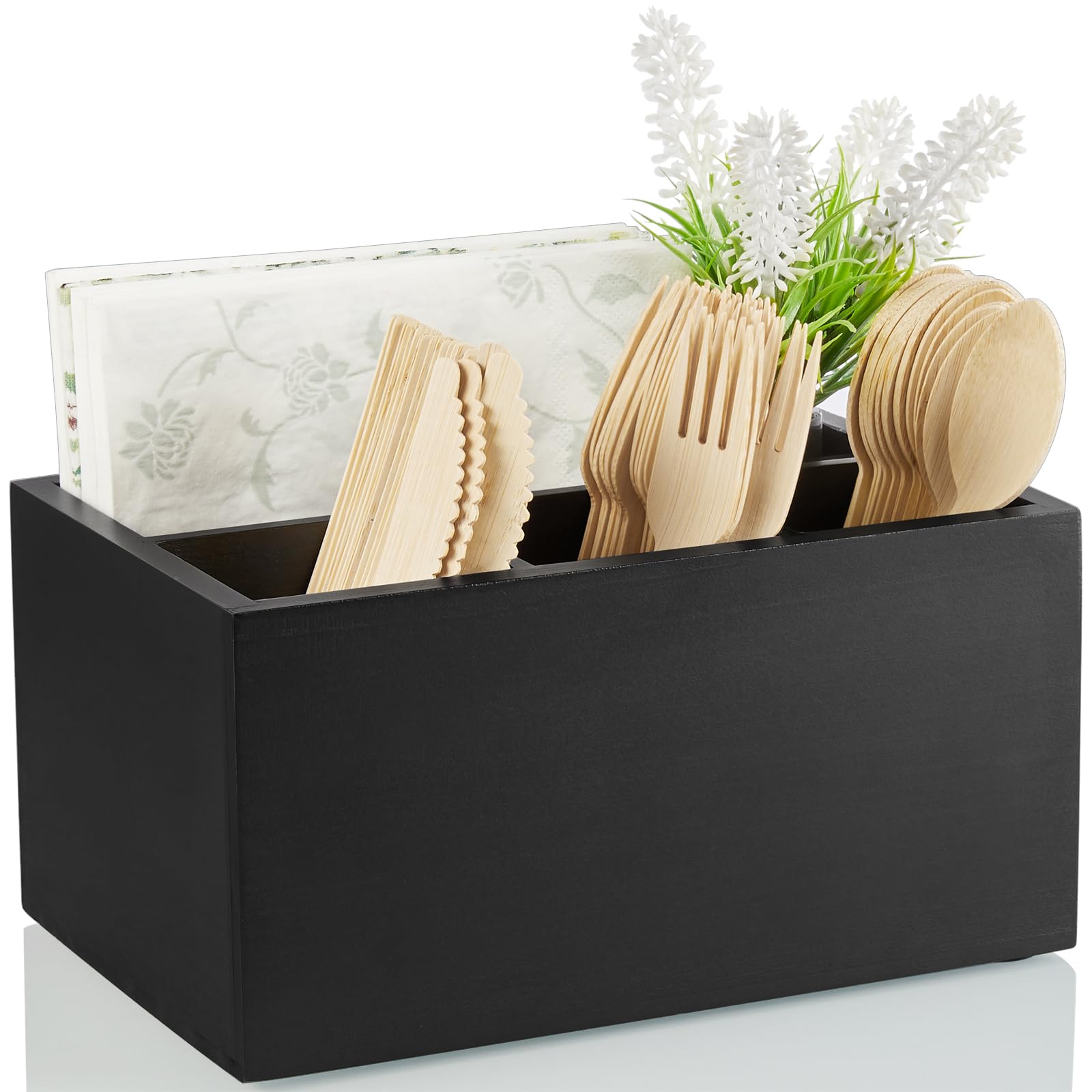 Drastar Silverware Caddy, Wooden Utensil Holder, Picnic Cutlery Holder, Black Silverware Holder, Plastic Silverware Caddy For Pa