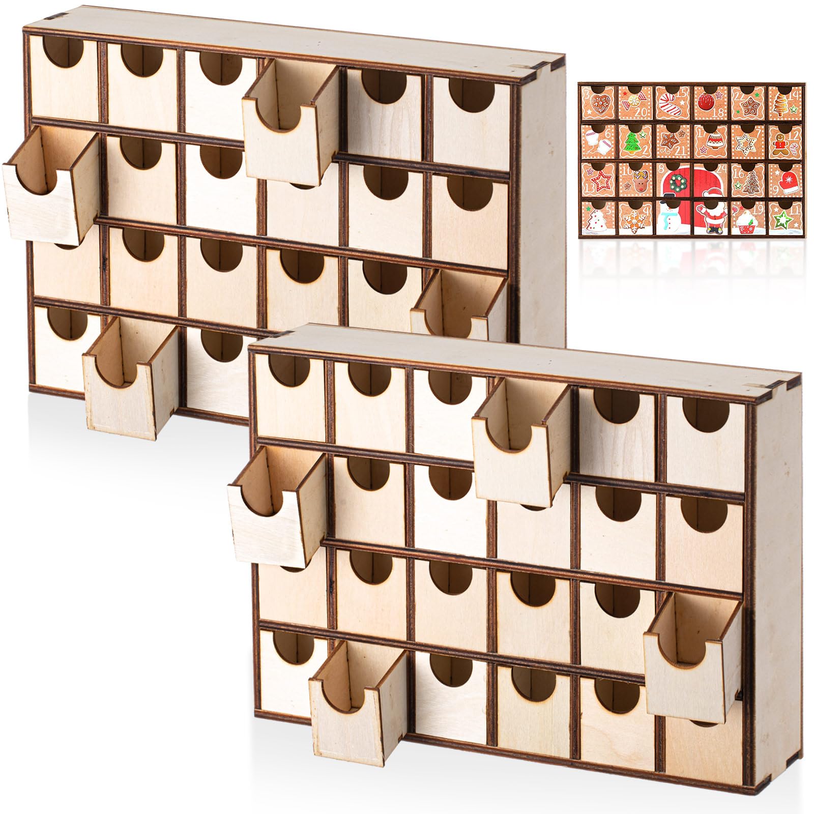 Sliner 2 Pcs Christmas Wooden Advent Calendar with 24 Drawers Countdown to Christmas Storage Organizer, DIY Unfinished Storage B
