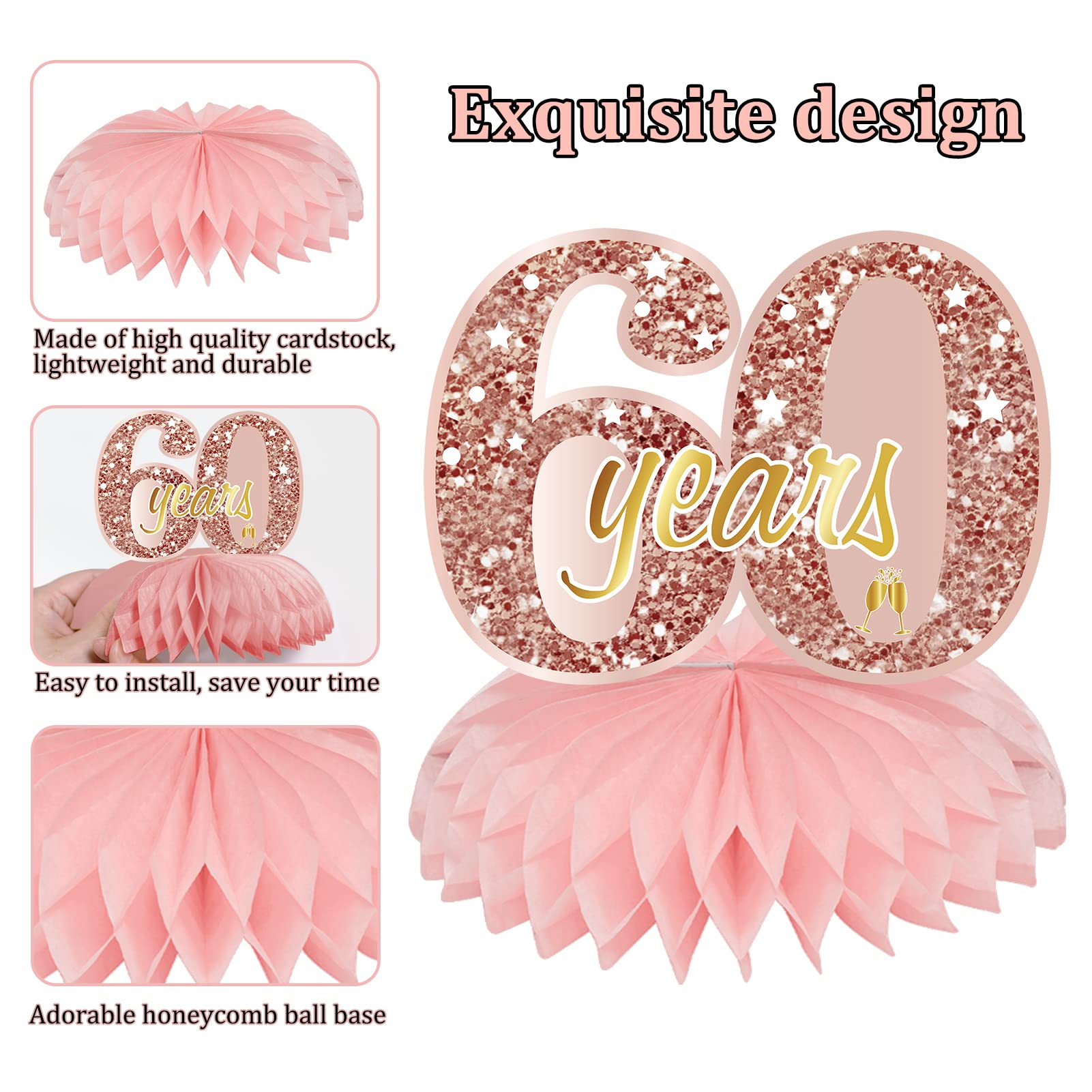 Turypaty Pink Rose Gold 60Th Birthday Honeycomb Centerpieces Decorations For Women, 9Pcs Rose Gold Happy 60Th Birthday Table Cen