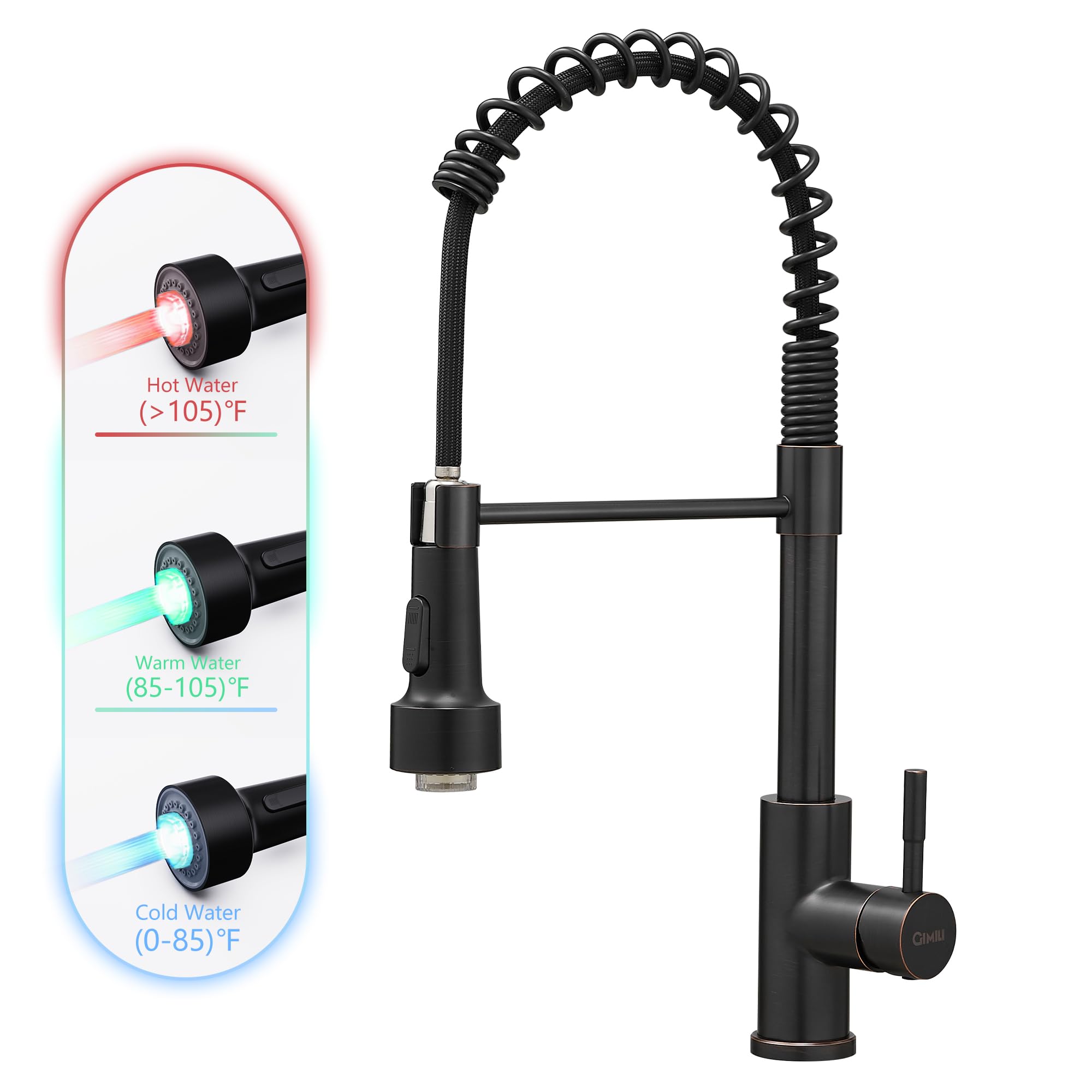 GIMILI Oil Rubbed Bronze Kitchen Faucet with Pull Down Sprayer Single Hole LED Sink Faucet, Suitable for Farmhouses, RV, Laundry
