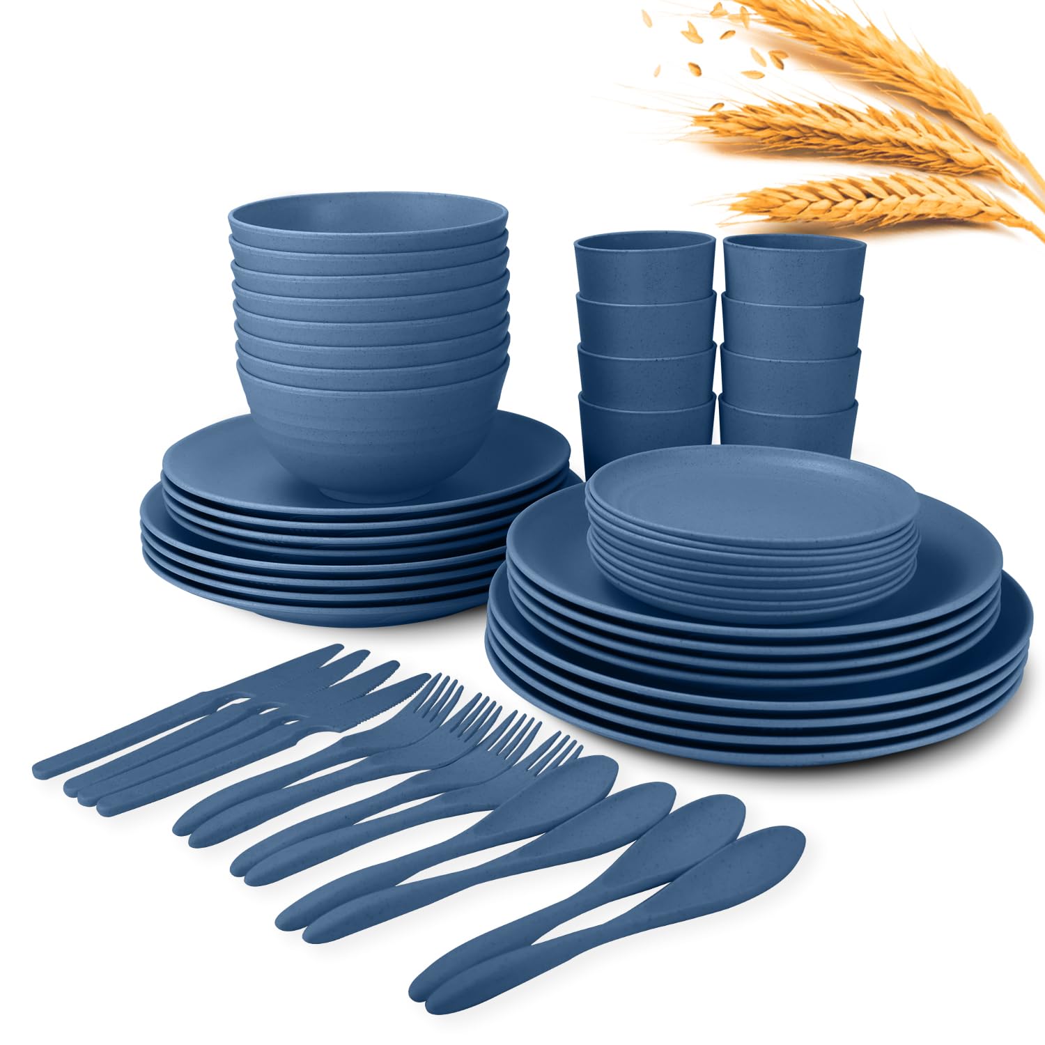 Wrova 64-Piece Service for 8 Dinnerware Set - Unbreakable Wheat Straw Dinnerware sets of 64 - Dinner plates/Snack plates/Cereal 
