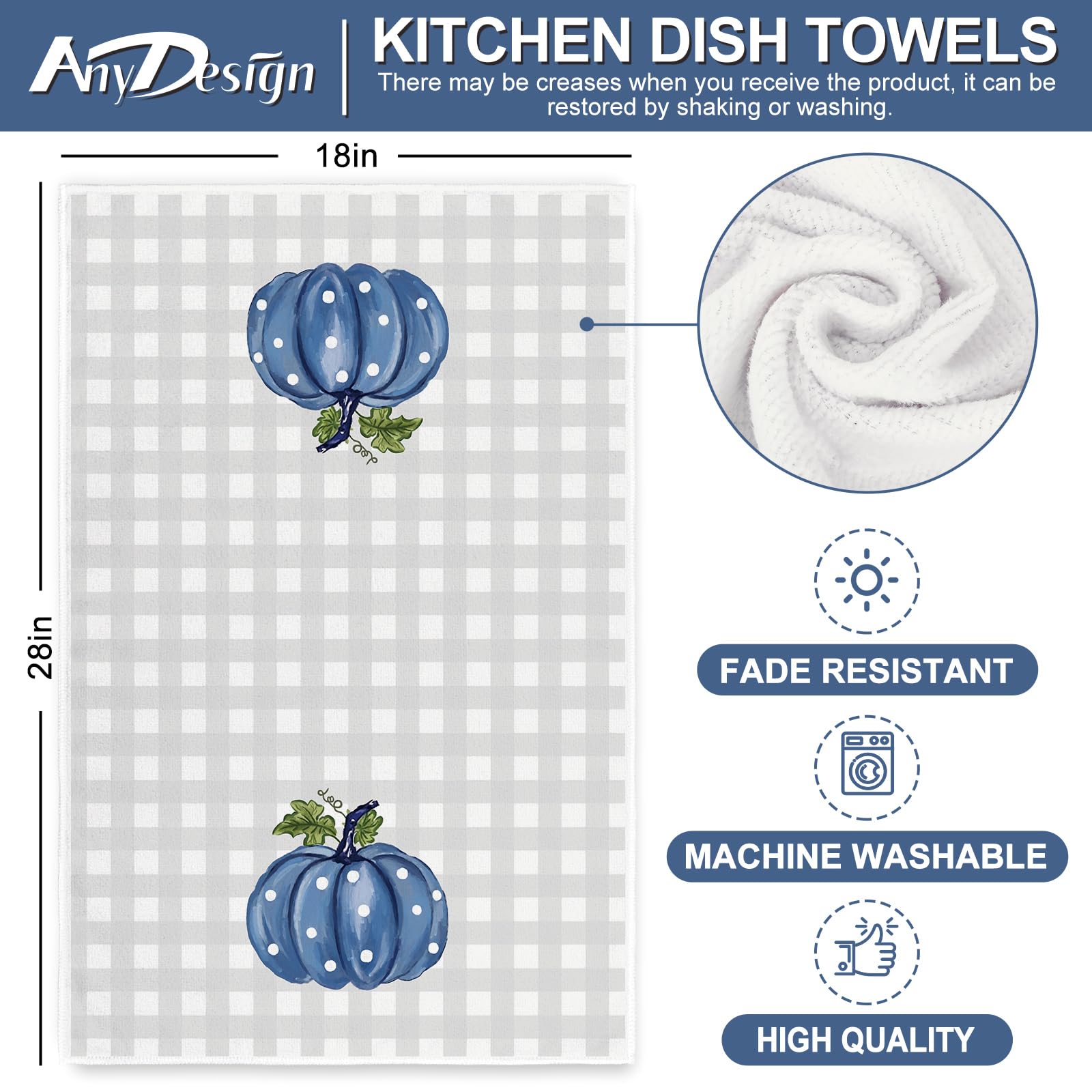 Anydesign Fall Kitchen Dish Towel 18 X 28 Inch Blue Pumpkins Autumn Dishcloth Grey Plaid Farmhouse Decorative Hand Drying Tea To