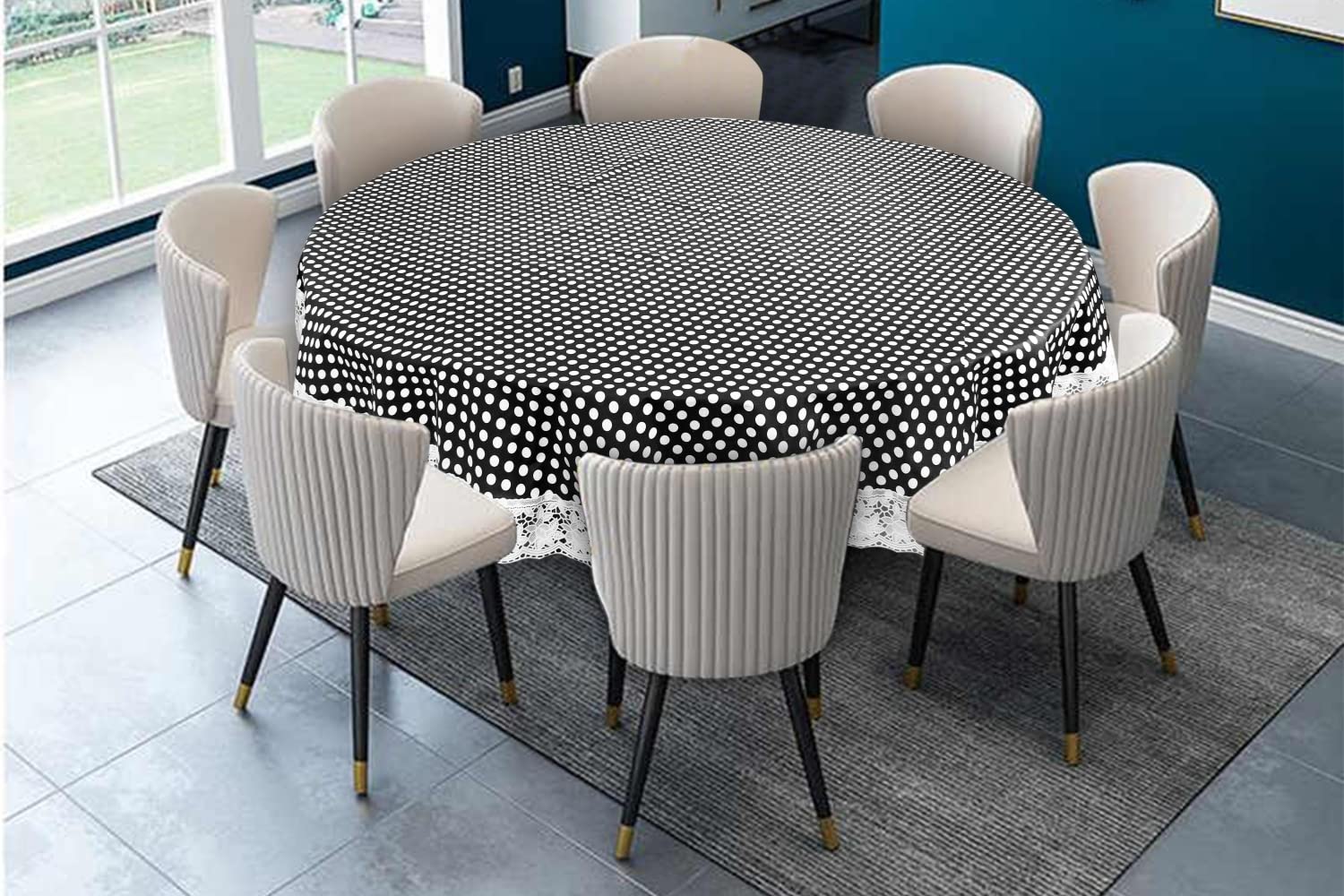 The Furnishing Tree Round Shaped WxL 90x90 Inch 8 Seater Table Cover Waterproof PVC Polka dot Pattern Grey