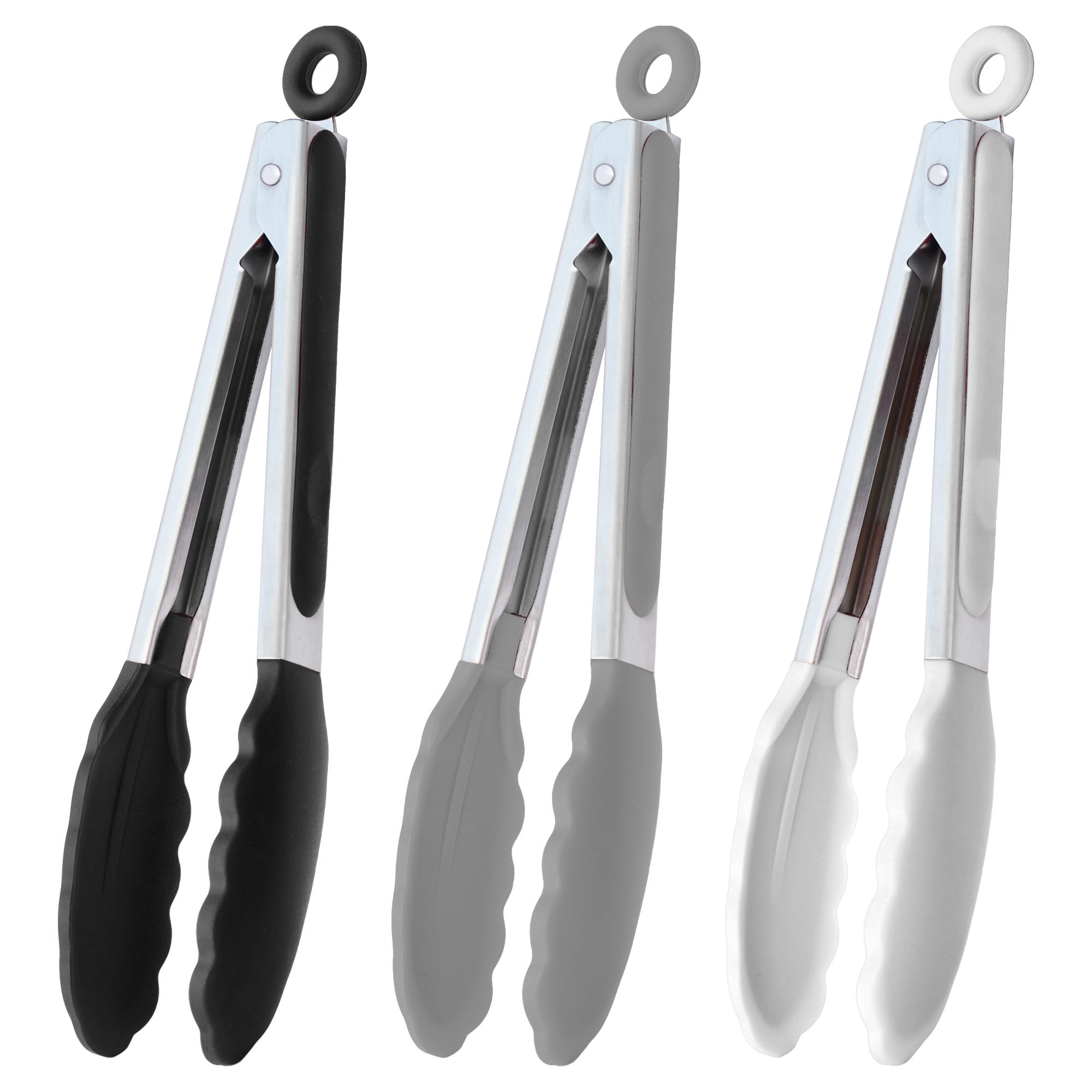 Hinmay 9-Inch Kitchen Cooking Tongs With Silicone Tips, Set Of 3 (Black White Gray)