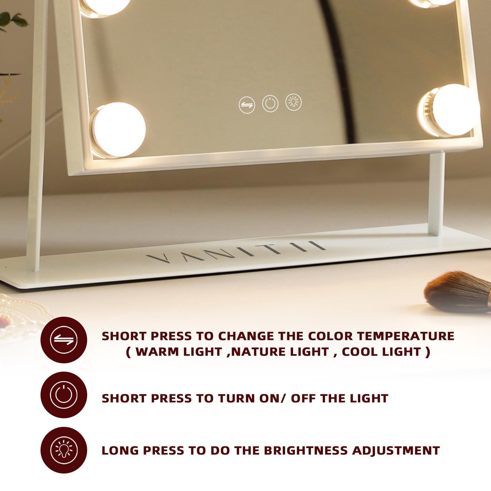 Vanitii Lighted Vanity Hollywood Mirror With Lights Makeup Mirror With 12 Dimmable Bulbs Smart Touch Control 3 Colors Light For