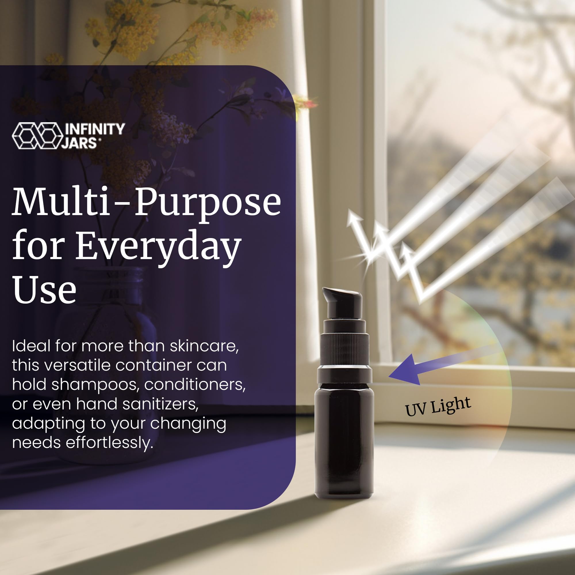 Infinity Jars 10 Ml (0.34 Fl Oz) Refillable Ultraviolet Black Glass Pump Bottles Leak-Proof Travel Containers For Toner, Sanitiz