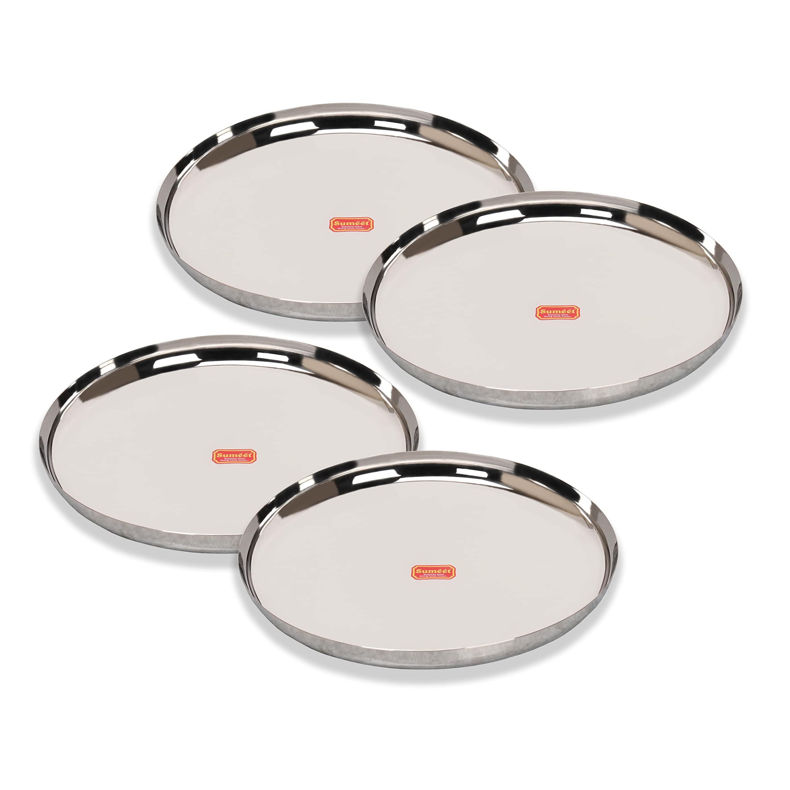 Sumeet Stainless-Steel Apple Shape Heavy Gauge Dinner Plates with Mirror Finish-34.6cm Dia, Set of 4pc, Silver