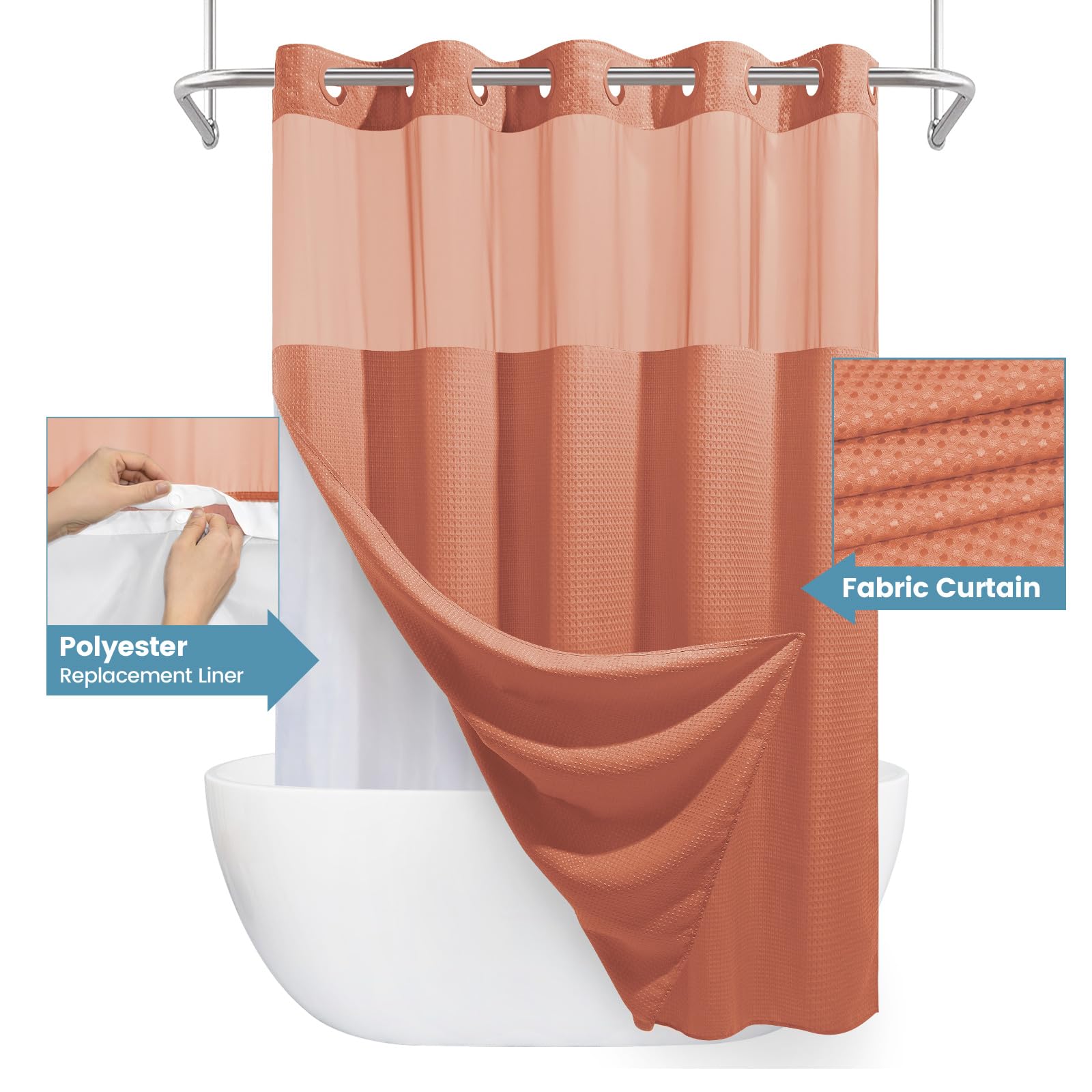 Eutxl Coral Hotel Shower Curtain With Detachable Liner - 230Gsm Waffle Textured,Hotel Grade,Spa Like Bath Curtain,71W X 74H