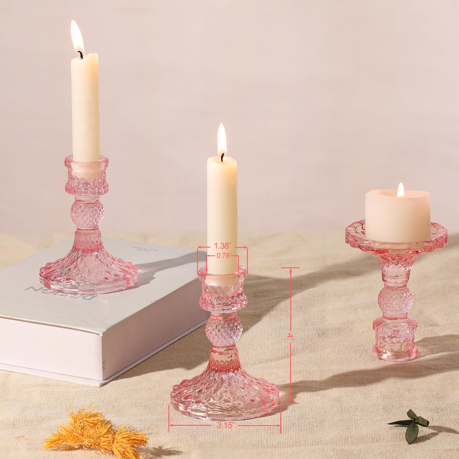 12Pcs Pink Candlestick Holders Set- 4 H Taper Candle Holders Bulk, Glass Candle Holders for Wedding, Party, Romantic Dinner Tabl