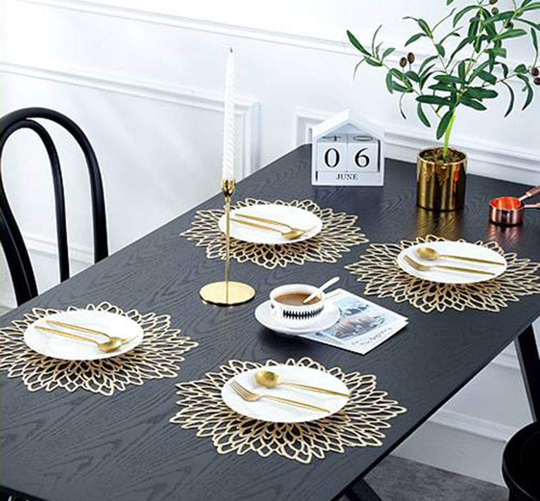 12 Pcs Flower Placemats Vinyl Hollow Placemat Round Dining Mat Decorative Table Mats Non-Slip Heat Insulation Gold Philopack