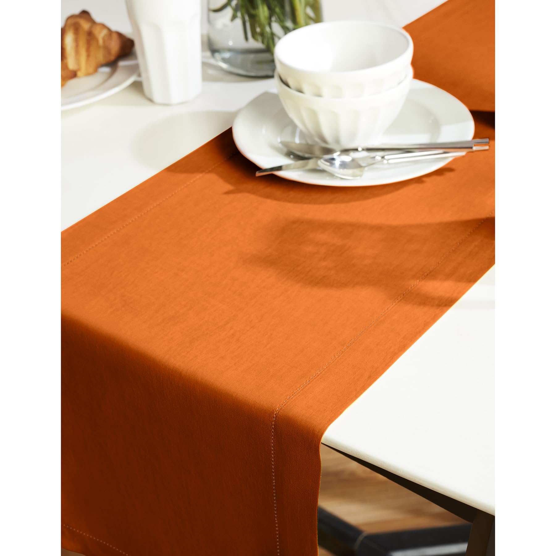 Solino Home Linen Pumpkin Table Runner 60 Inch - 100% Pure Linen Hemstitch Short Table Runner 14 X 60 Inch Ideal For Dresser And