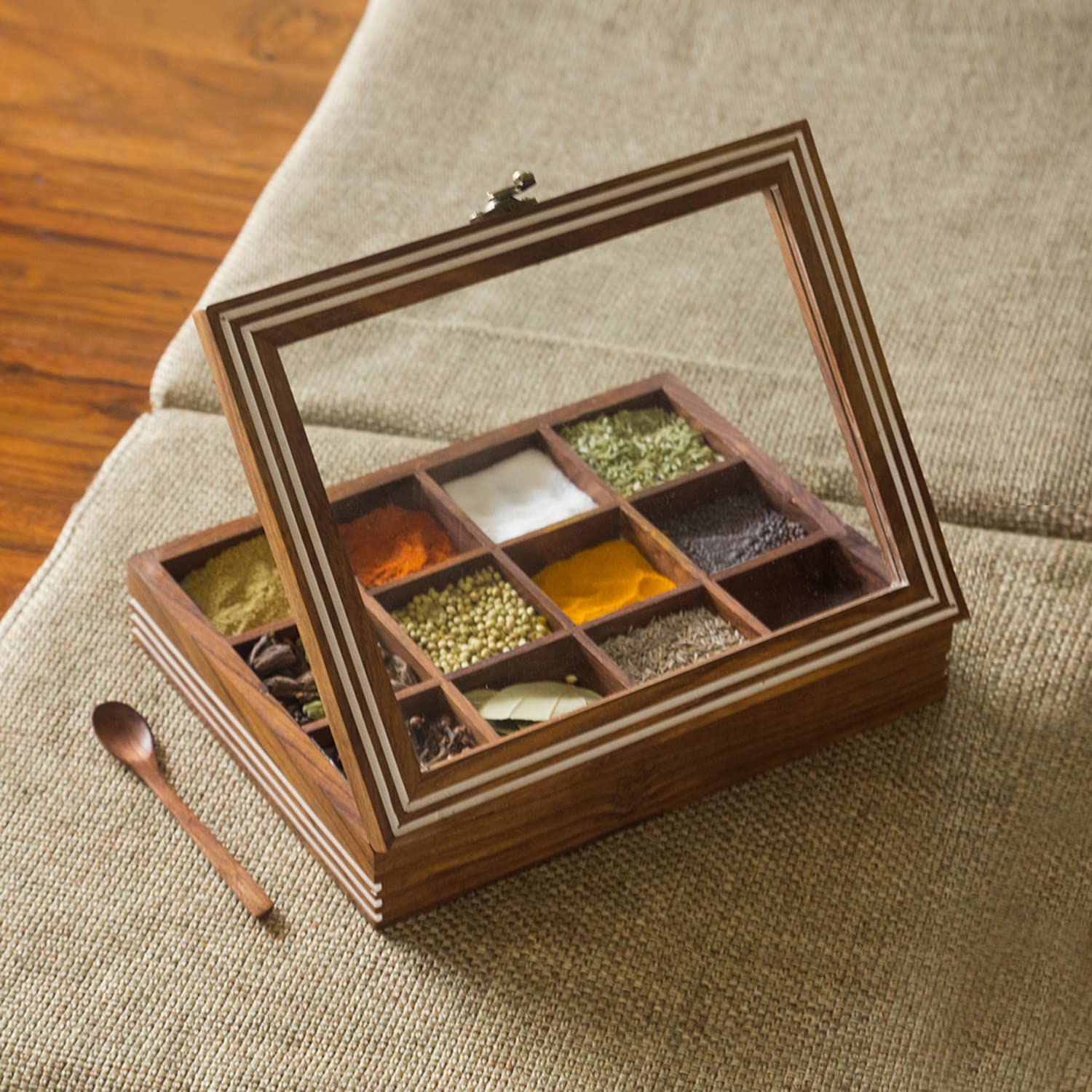 ExclusiveLane Wooden Indian Spice Box With Spoon (12 Compartments, 90 ML Each) - Masala Dabba Wooden Masala Box Namak Daani Shee