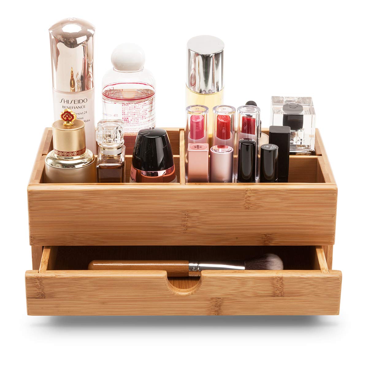 GOBAM Bamboo Makeup Organizers and Storage with Drawer - Wooden Cosmetic Organizer Countertop for Bathroom, Bedroom, Closet, Kit