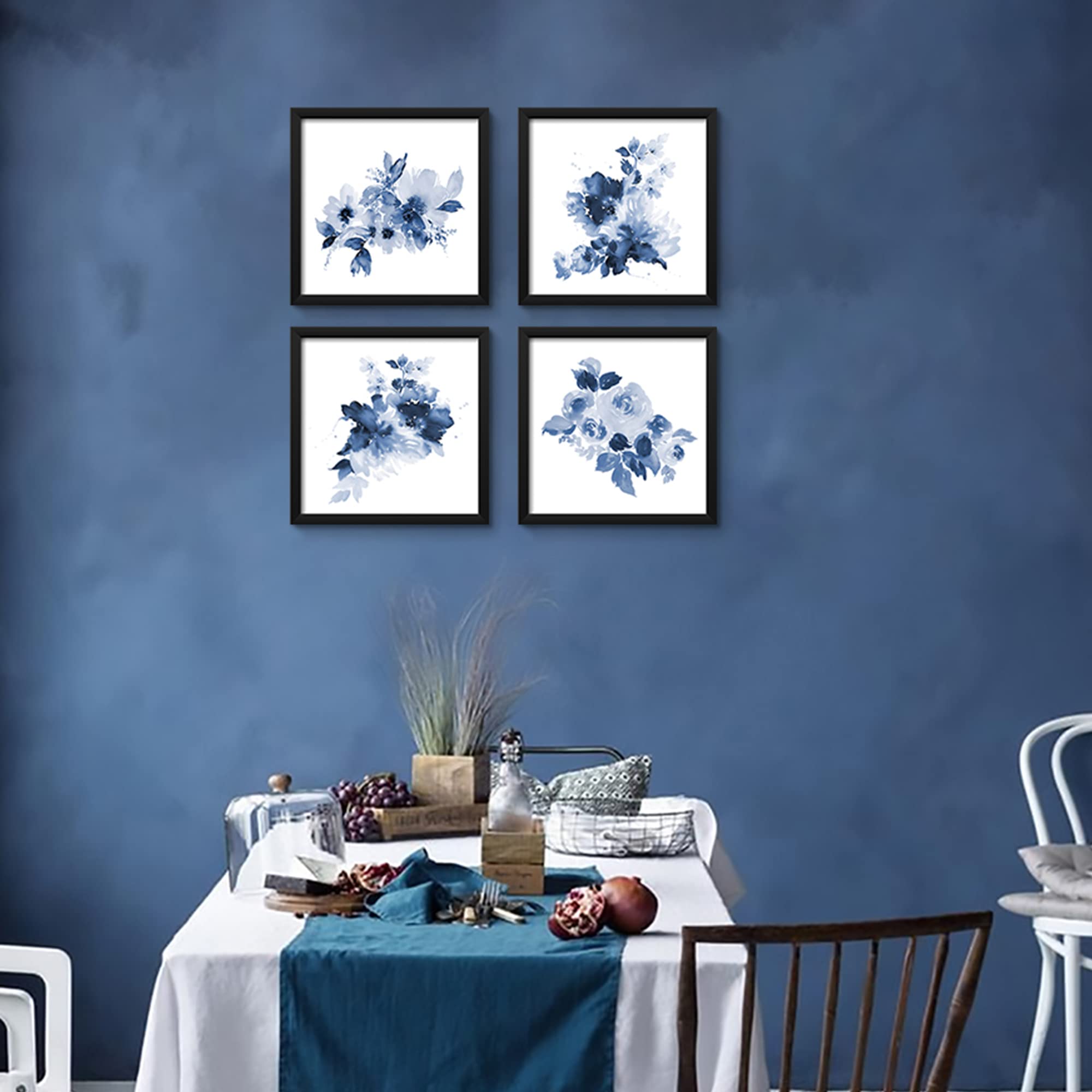 Artbyhannah 4 Pack 10X10 Blue Wall Art Framed With Black Frame And Floral Print For Bathroom Or Home Decoration