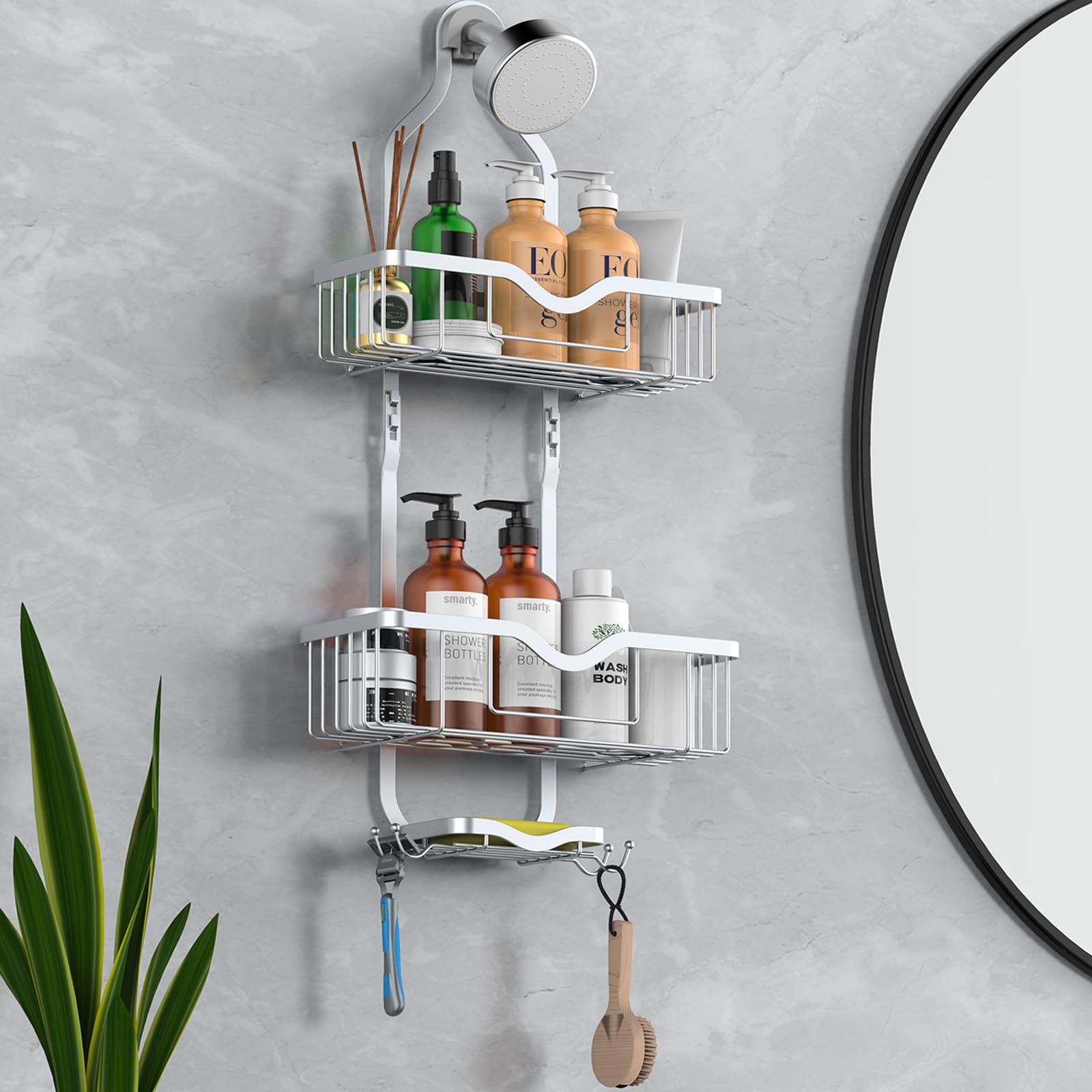 Kadolina Hanging Shower Caddy, Over Head Shower Caddy Shower Organizer Rack Basket With Soap Dish, Hooks For Razor And Sponge (B