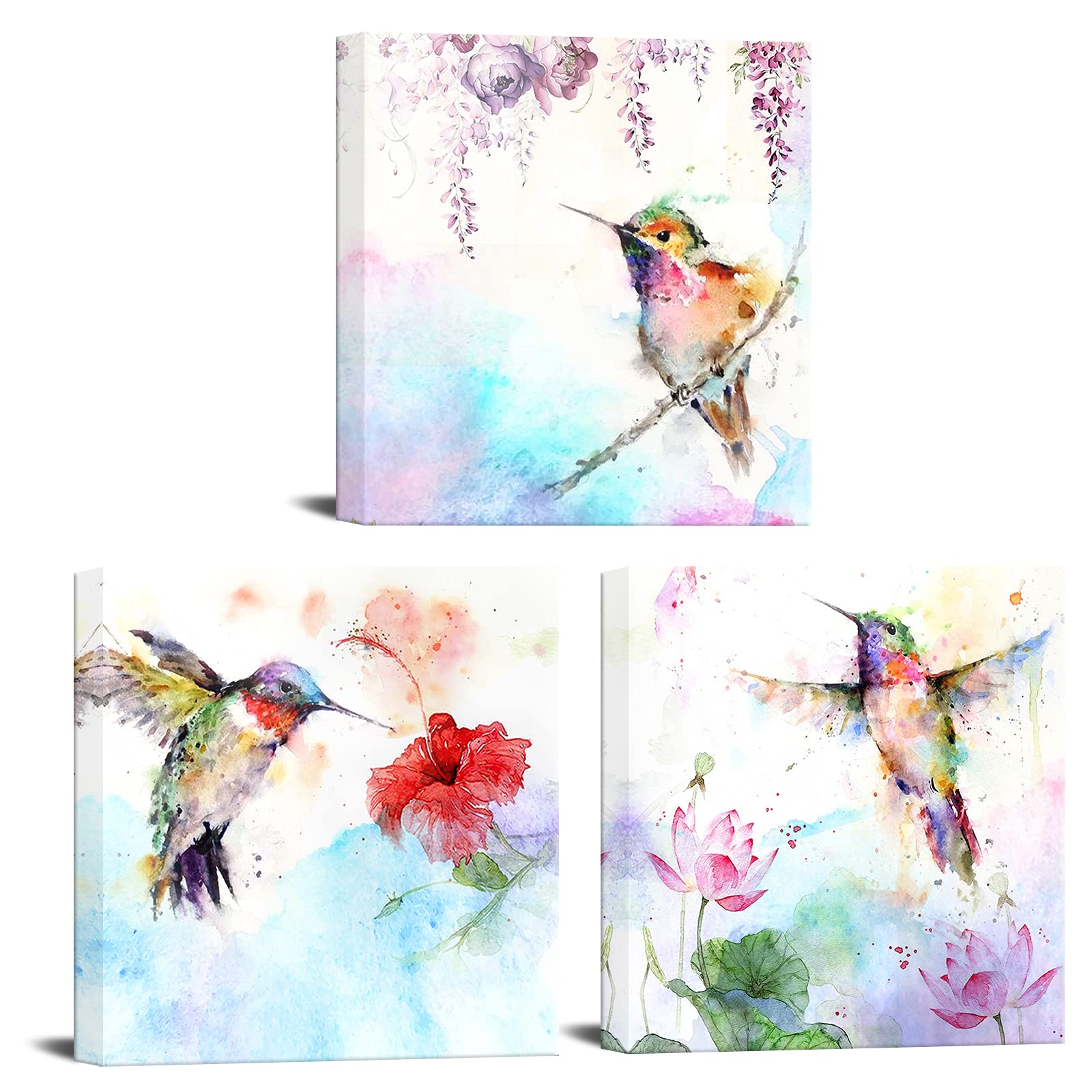 Canvbay 3Pcs Bird Canvas Wall Art Animal Picture Artwork Hummingbirds And Red Purple Flower Canvas Print Abstract Painting Vinta
