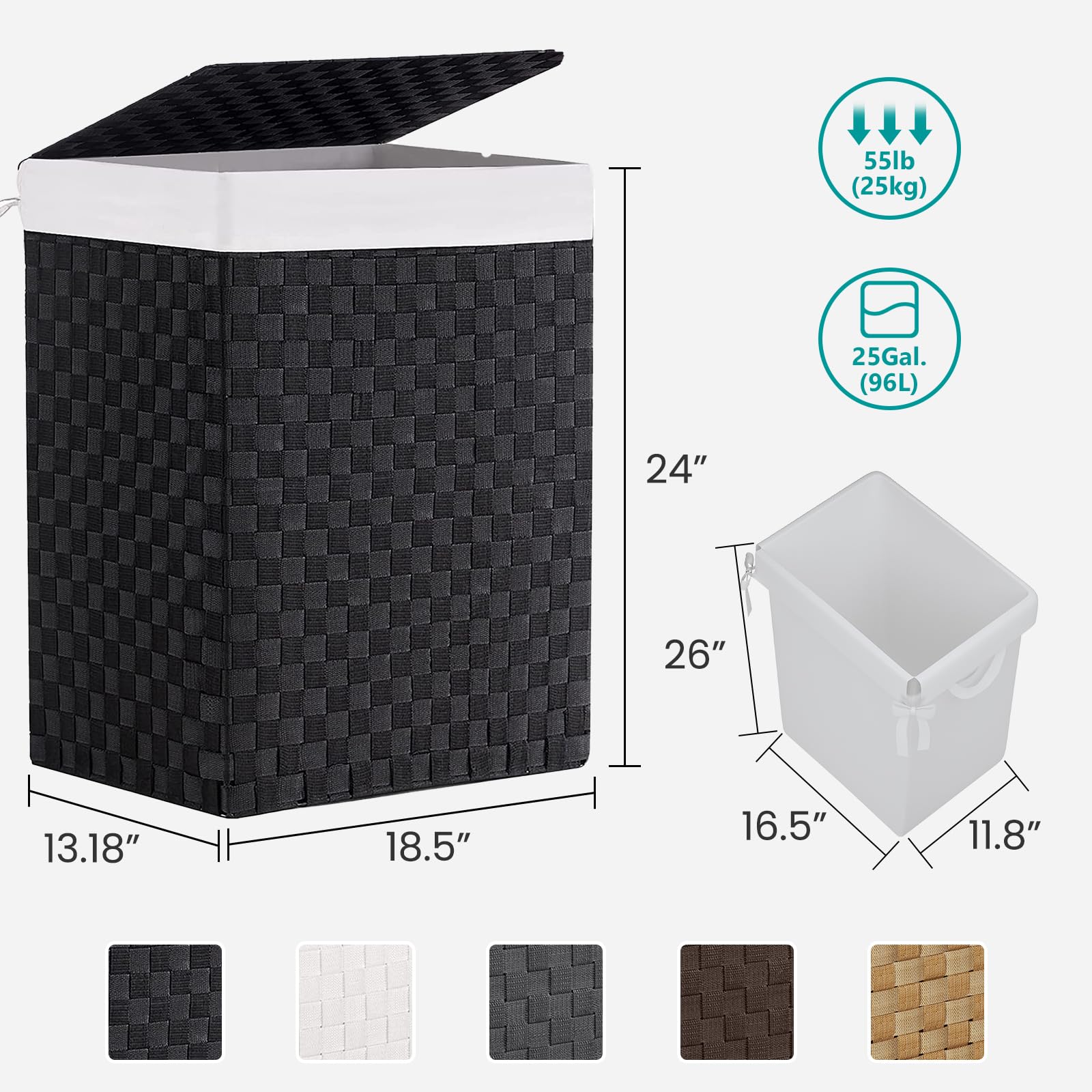 Fiona's magic Laundry Hamper Basket with Lid  Handwoven 90L Large Clothes Hamper with Removable Liner Bags  Collapsible Black Tall Hamper for Bathroom  Bedroom and Dorm Room Organizer