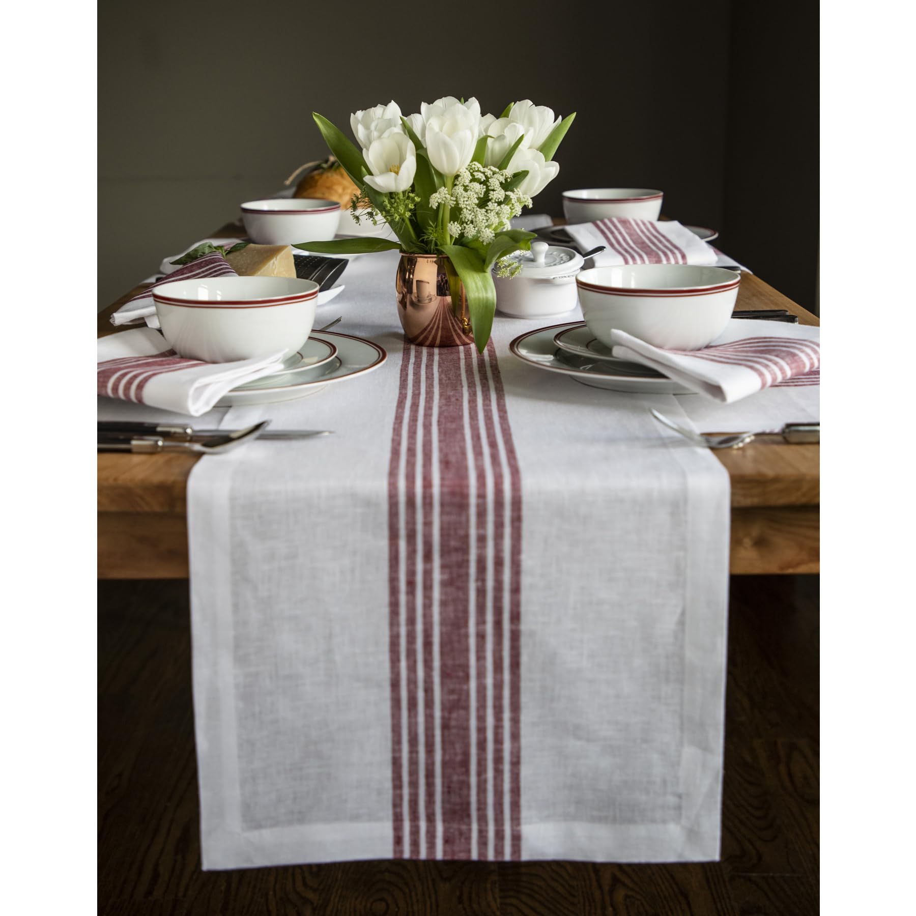 Solino Home Farmhouse Stripe Linen Table Runner 120 Inches Long - 100% Pure Linen 14 X 120 Inch Extra Long Table Runner, Burgund