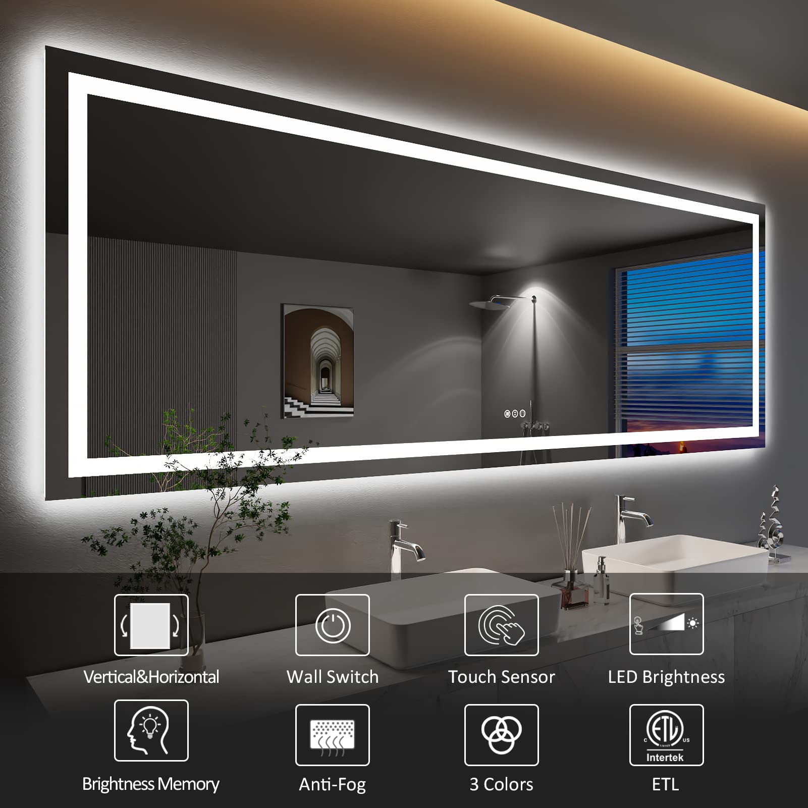 Amorho LED Bathroom Mirror 96''x 36'' with Front and Backlight  Large Dimmable Wall Mirrors with Anti-Fog  Shatter-Proof  Memory  3 Colors  Double LED Vanity Mirror  ETL Listed