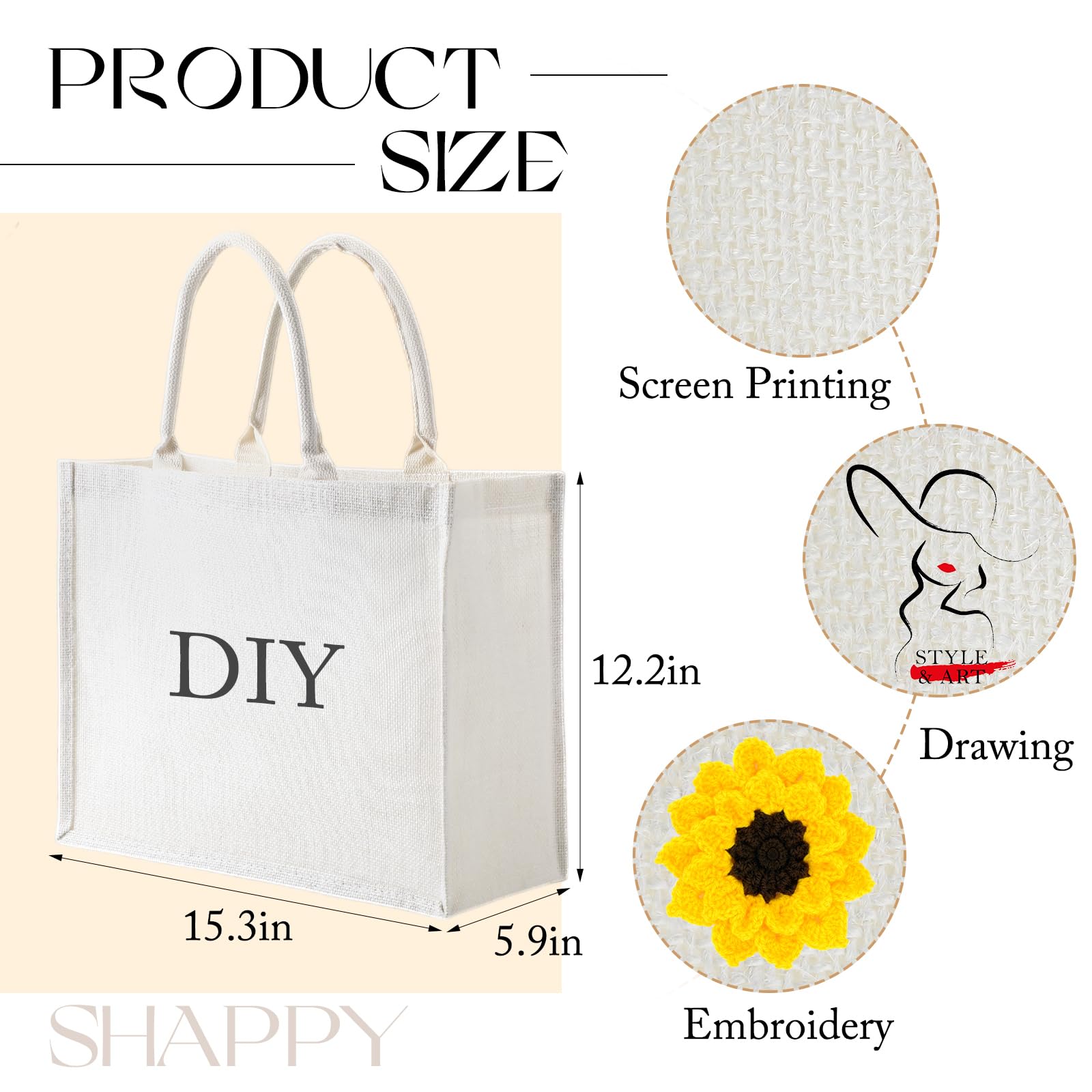 Shappy 10 Pack Burlap Tote Bag Set, Reusable Blank Jute Burlap Grocery Bag with Handle for Bridesmaid Gift Shopping DIY(White)