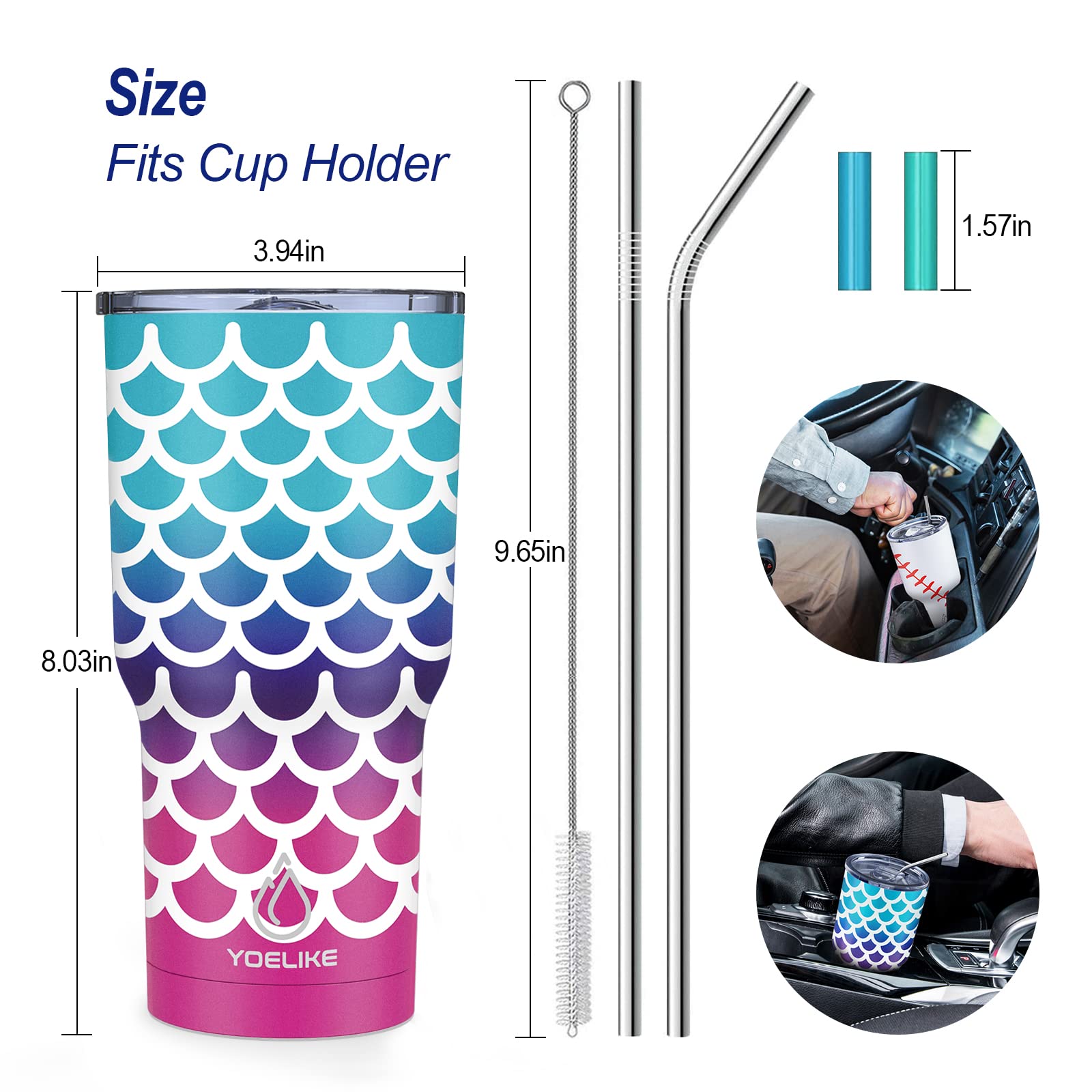 Yoelike Mermaid 30 Oz Stainless Steel Double Wall Vacuum Insulated Tumbler With 2 Straws, 2 Splash Proof Lid, 1 Straw Cleaning B