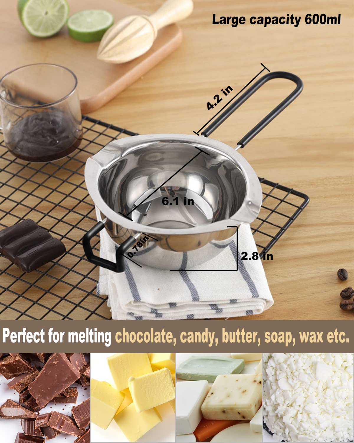 Double Boiler Pot Set, Stainless Steel Melting Pot With Silicone Spatula For Melting Chocolate, Soap, Wax, Candle Making (600Ml