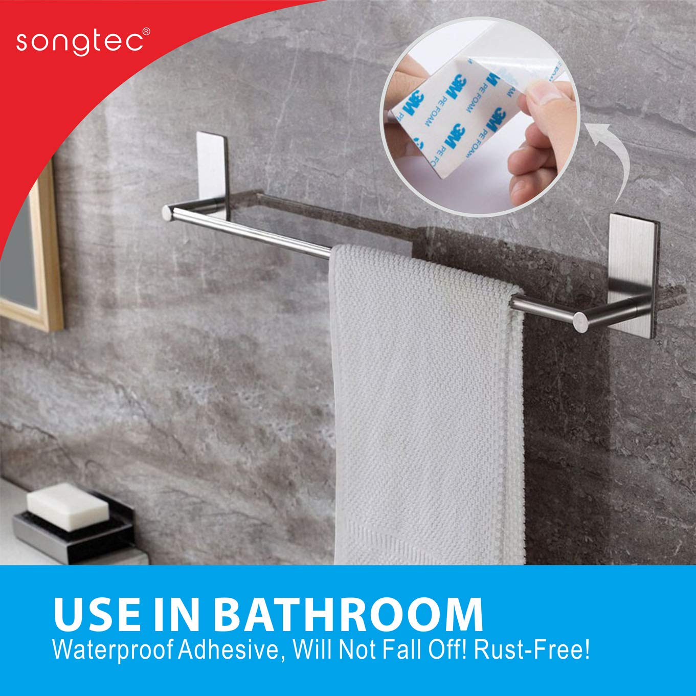 Songtec Bathroom Towel Bar 16-inch  No Drill Stick On Towel Rack  Easy Install with Self-Adhesive  Premium SUS304 Stainless Steel - Brushed Nickle