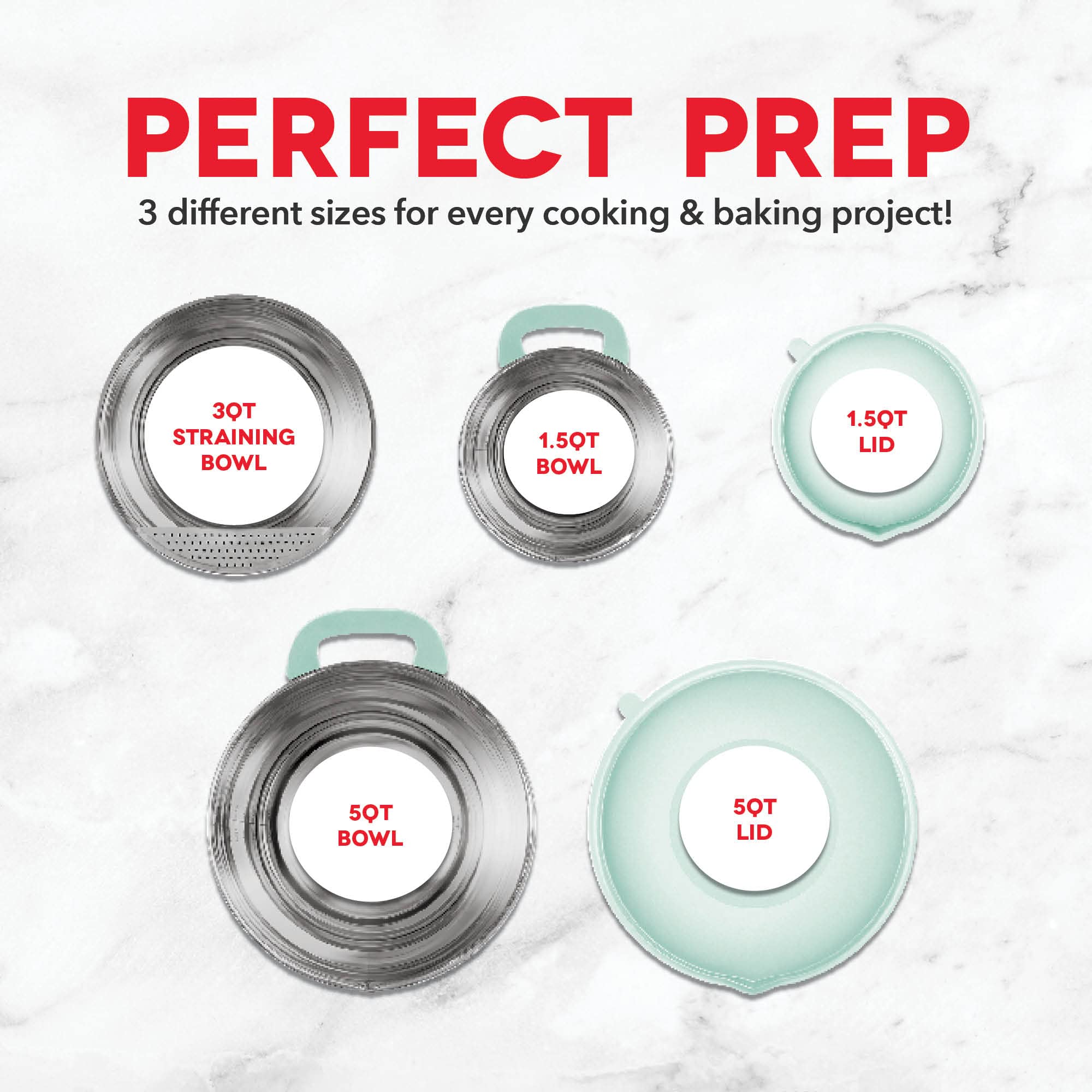 Dash Stainless Steel Mixing Bowls With Lids, Silicone Non-Slip Base With Measuring Lines And Strainer, 3 Bowl Set - 1.5 Quart, 3