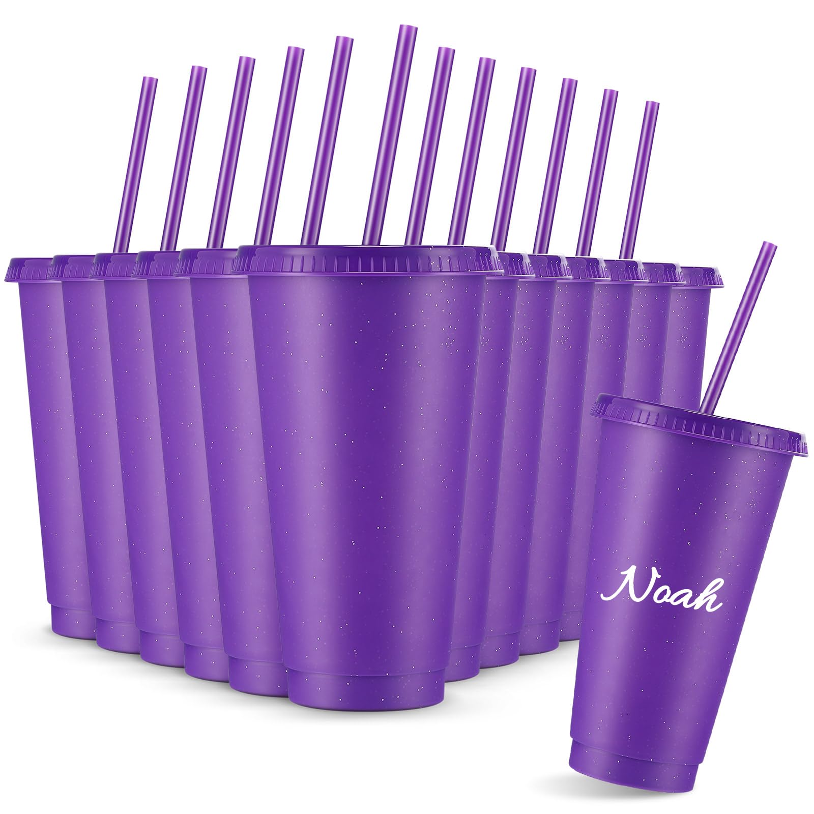 Amyhill 12 Pcs Reusable Glitter Cups with Lids and Straws 24 oz Plastic Tumbler Iced Coffee Cup Travel Mug for Smoothie Juice Sl