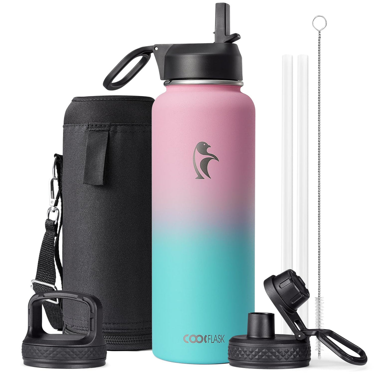 40 Oz Insulated Water Bottle With Straw&3 Lids, Coolflask Stainless Steel Metal Flask Wide Mouth For Sports Or Office, Non-Bpa K