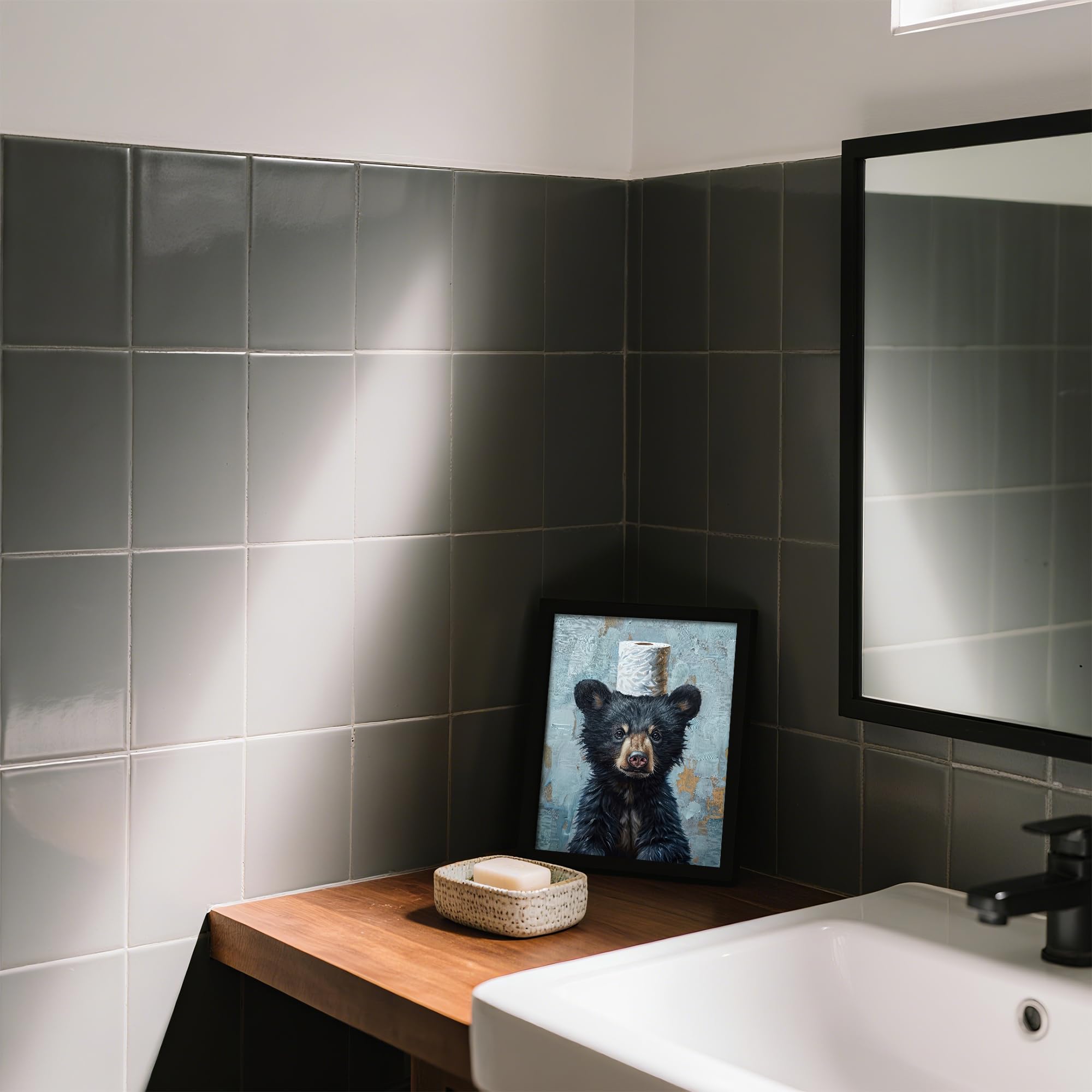 Framed Cute Black Bear Bathroom Canvas Wall Art Decor, Funny Animal Bathroom Decor Adorable Bear with Toilet Paper Picture Print