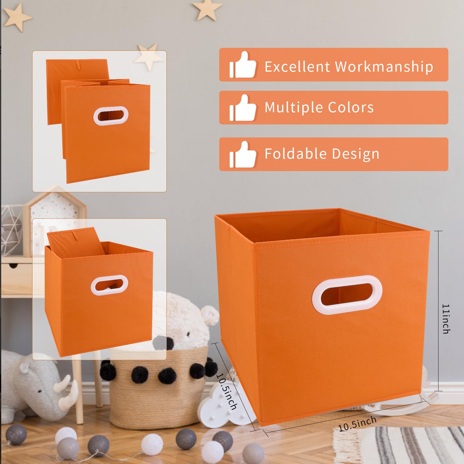 Lourome Storage Cubes - 11-Inch Foldable Fabric Bins, 6 Sets with Handles, Multicolour (Yellow, Orange, Green) for Toys, Clothes, Books