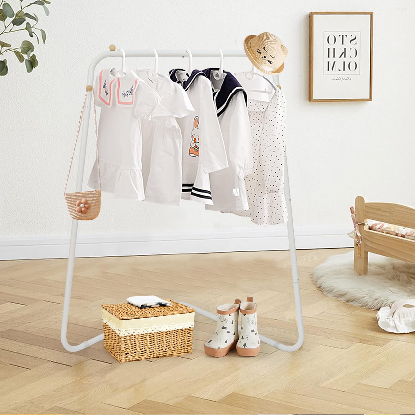 YGJT Kids Clothing Corner Rack, Dress Up Storage for Little Girls with Bottom Storage Shelf, Cute Toddler Wardrobe Cloest Garmen