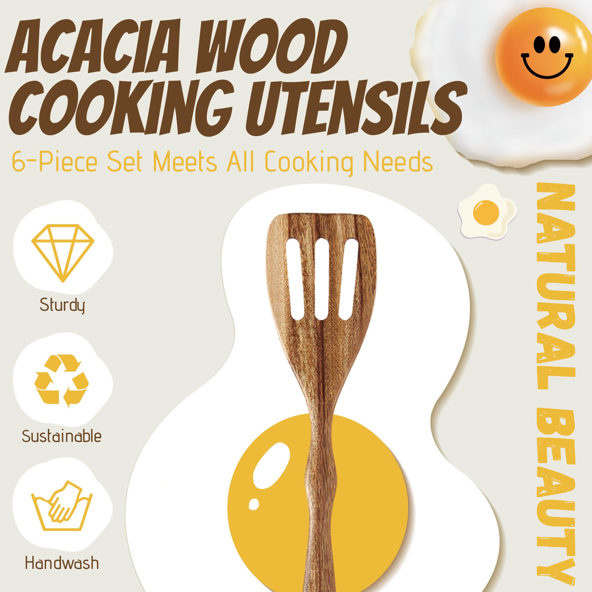 Karryoung Acacia Wood Spoons For Cooking - 6 Piece Non Stick Wooden Spoon Set - With Slotted Spoon, Salad Fork, Spatula, Pasta S