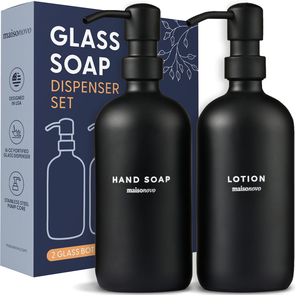 Maisonovo Black Hand Soap Dispenser For Bathroom Set | 16.9 Fl Oz Black Glass Black Pump X 2