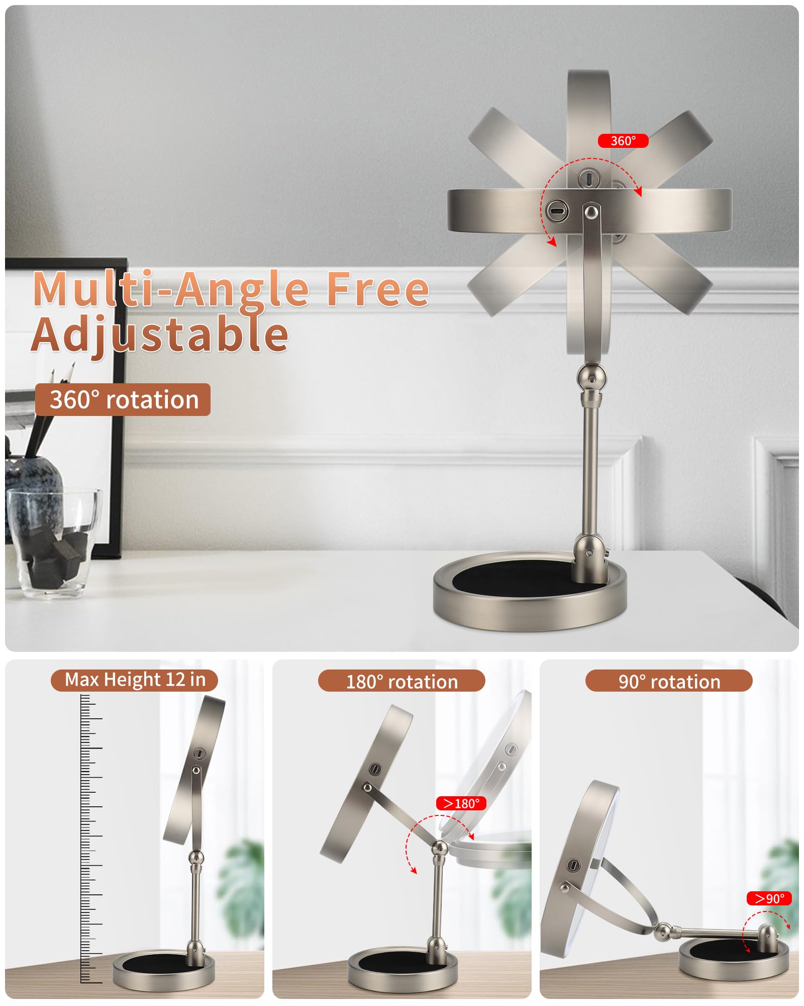 9'' Lighted Makeup Mirror,1X/10X Magnifying Vanity Mirror With Height & Brightness Adjustable,Rechargable Makeup Mirror,360Rotat