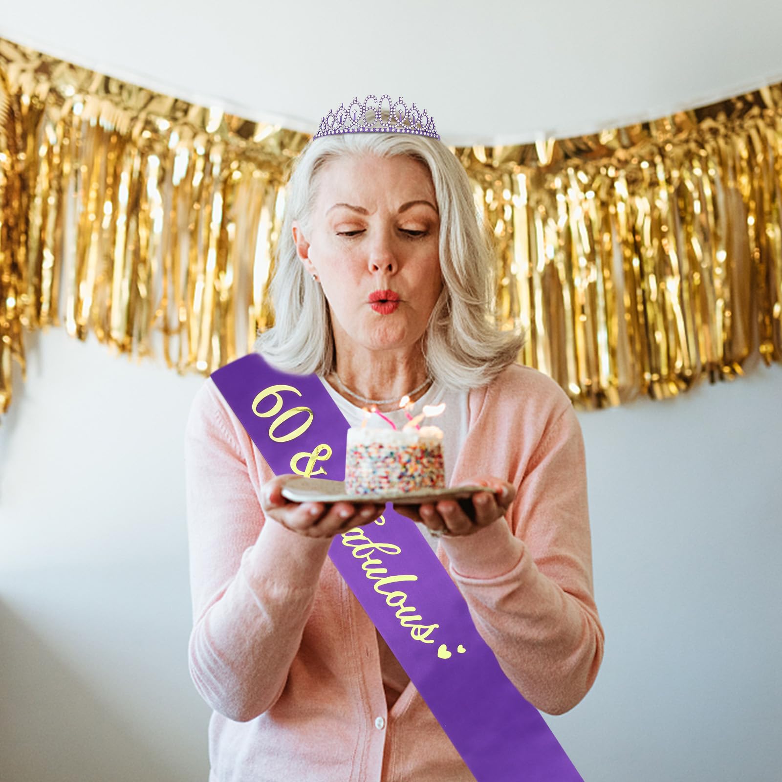 Casoty 60Th Birthday Sash And Tiara For Women, 60Th Birthday Decorations For Women, Purple 60Th Crown And 60Th Birthday Sash Set