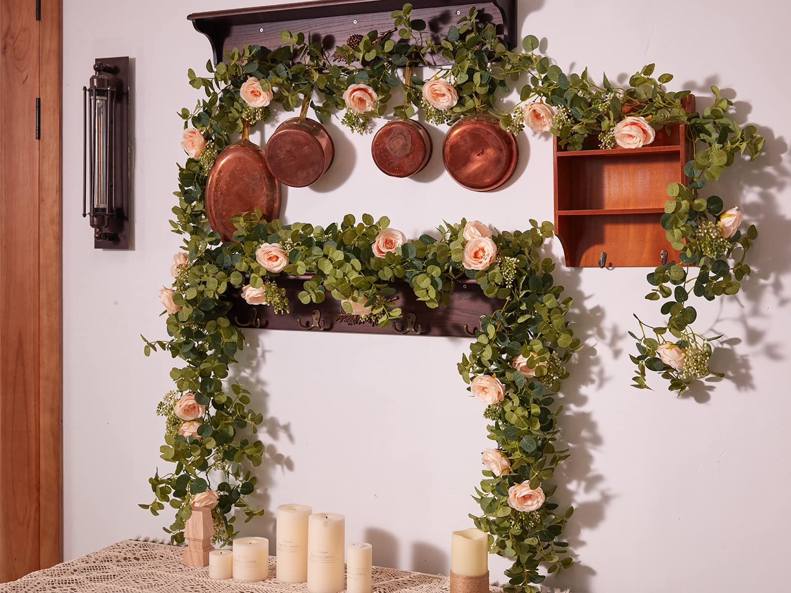Party Joy 6.56Ft Eucalyptus Garland With Flowers-8 Pink Roses-Lush,Natural Looking, Floral Garland Greenery Garland For Party We
