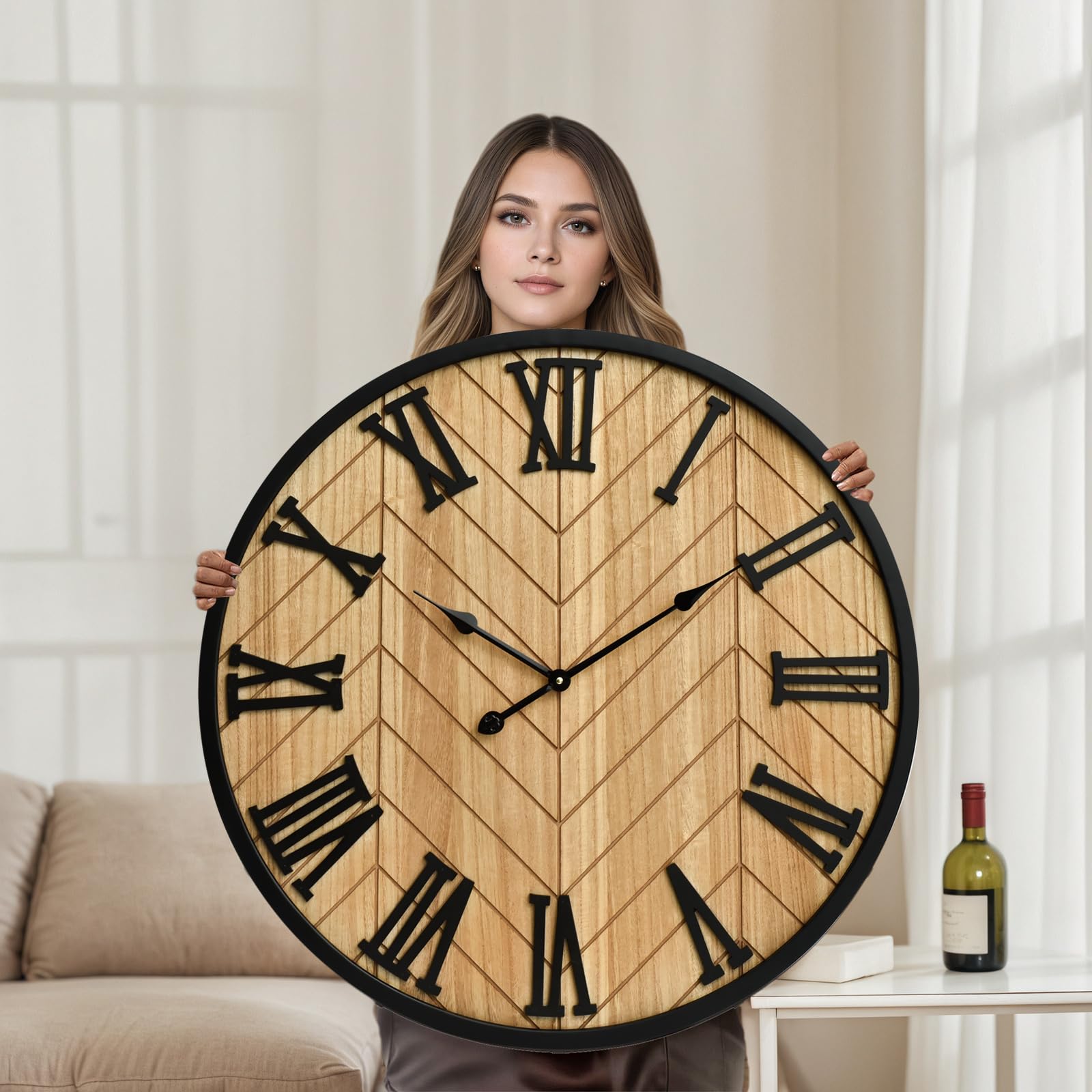 Emax Home 30 Inch Large Wall Clock Farmhouse Style - Brown Silent Non-Ticking Rustic Decor For Living Room, Kitchen, Bedroom