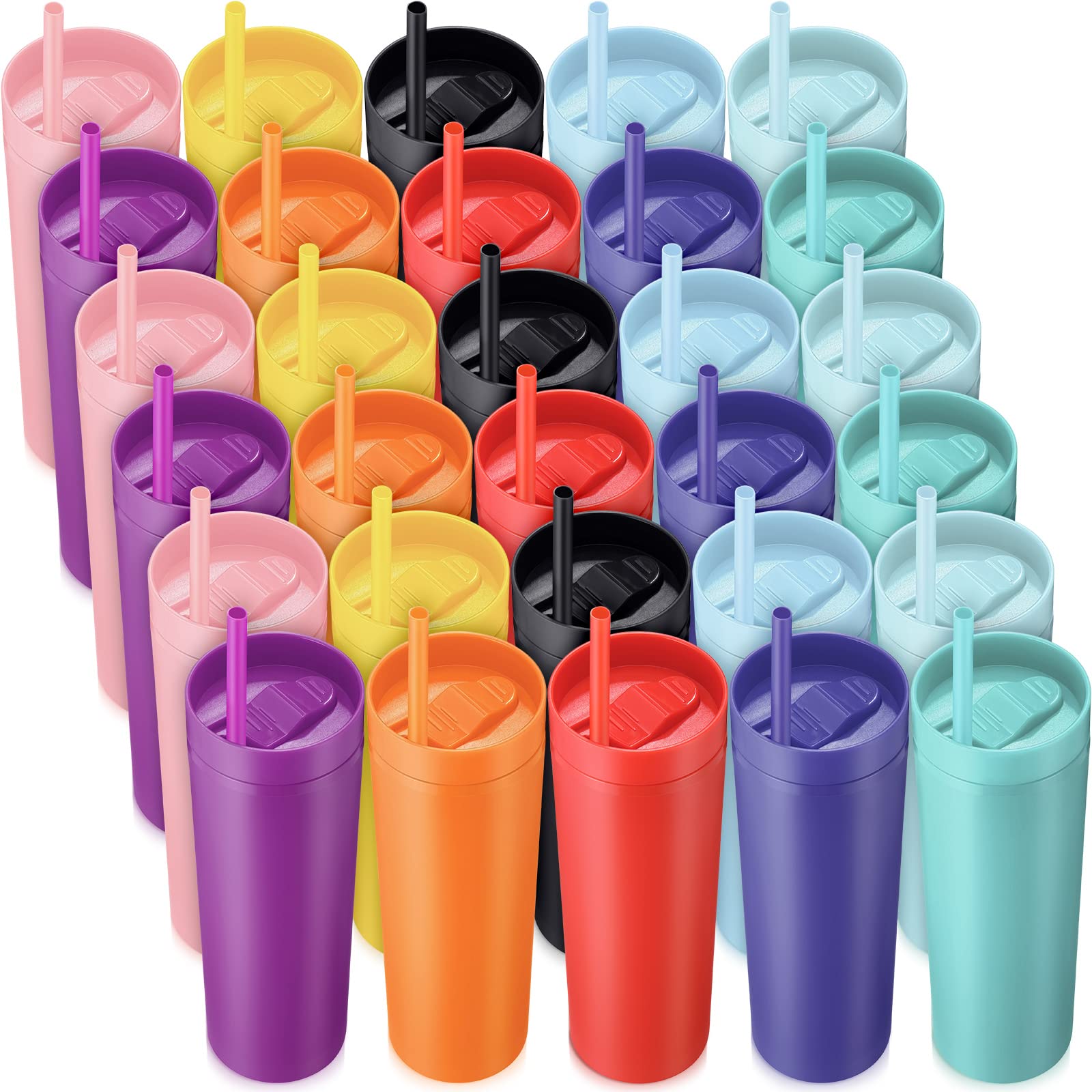 30 Pcs Bulk Skinny Tumblers with Lids and Straws 16 oz Matte Pastel Colored Plastic Mugs Reusable Double Wall Tumbler Cups for H